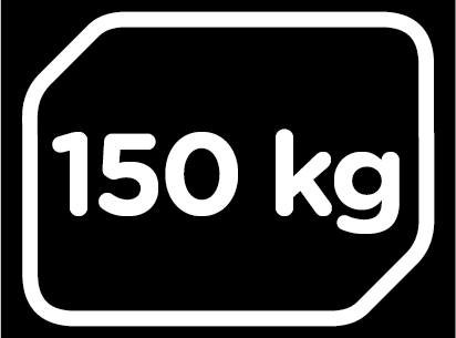 Ein schwarzer Hintergrund mit einem weißen Rechteck mit dem Text '150 kg'.