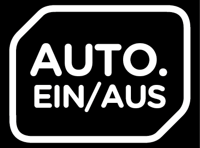 Ein weißes AUTO EIN/AUS Textlogo auf schwarzem Hintergrund.