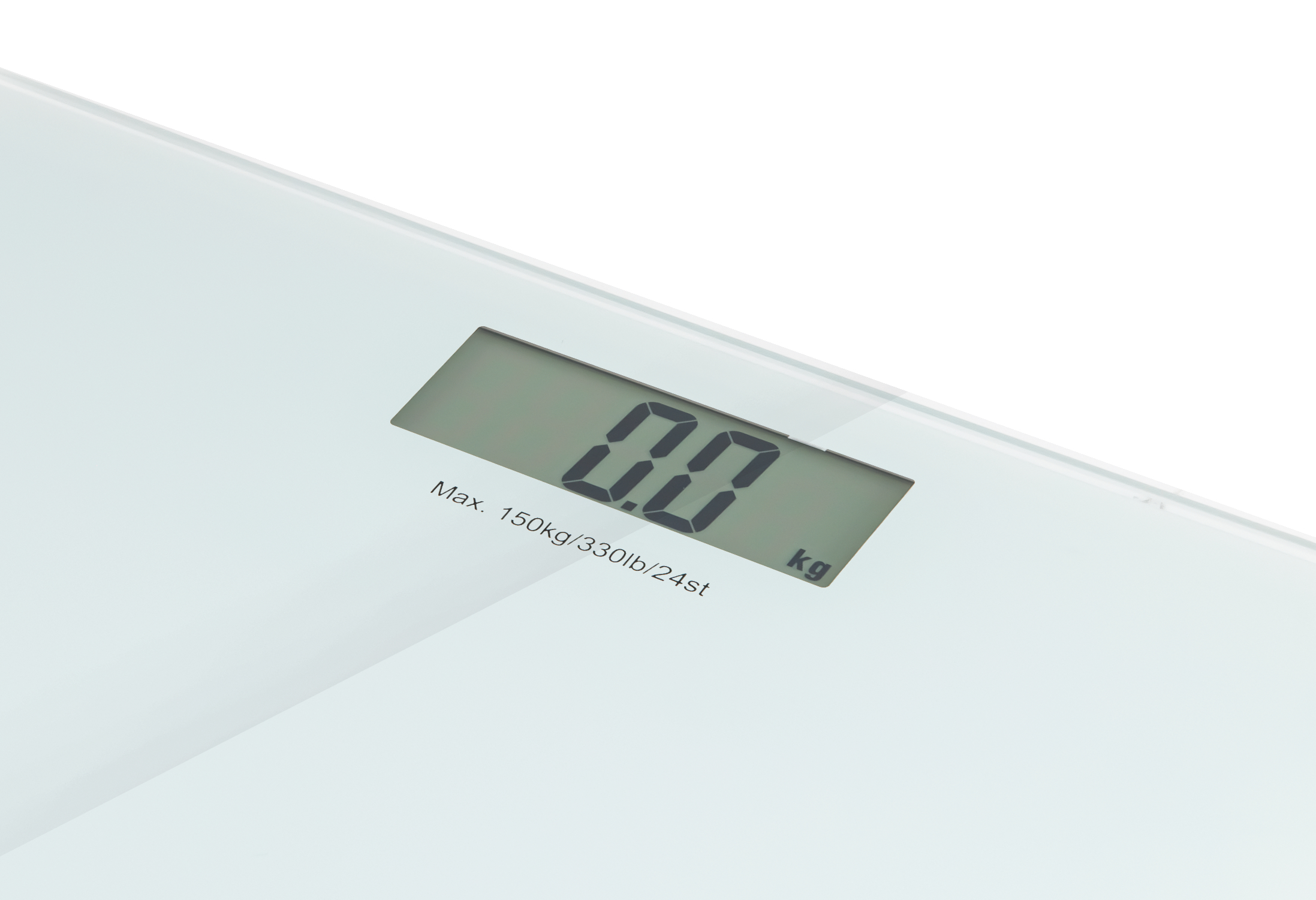 Digitale Badezimmerwaage mit Anzeige '0,0 kg'. Die Waage ist weiß, mit schwarzer Digitalanzeige.