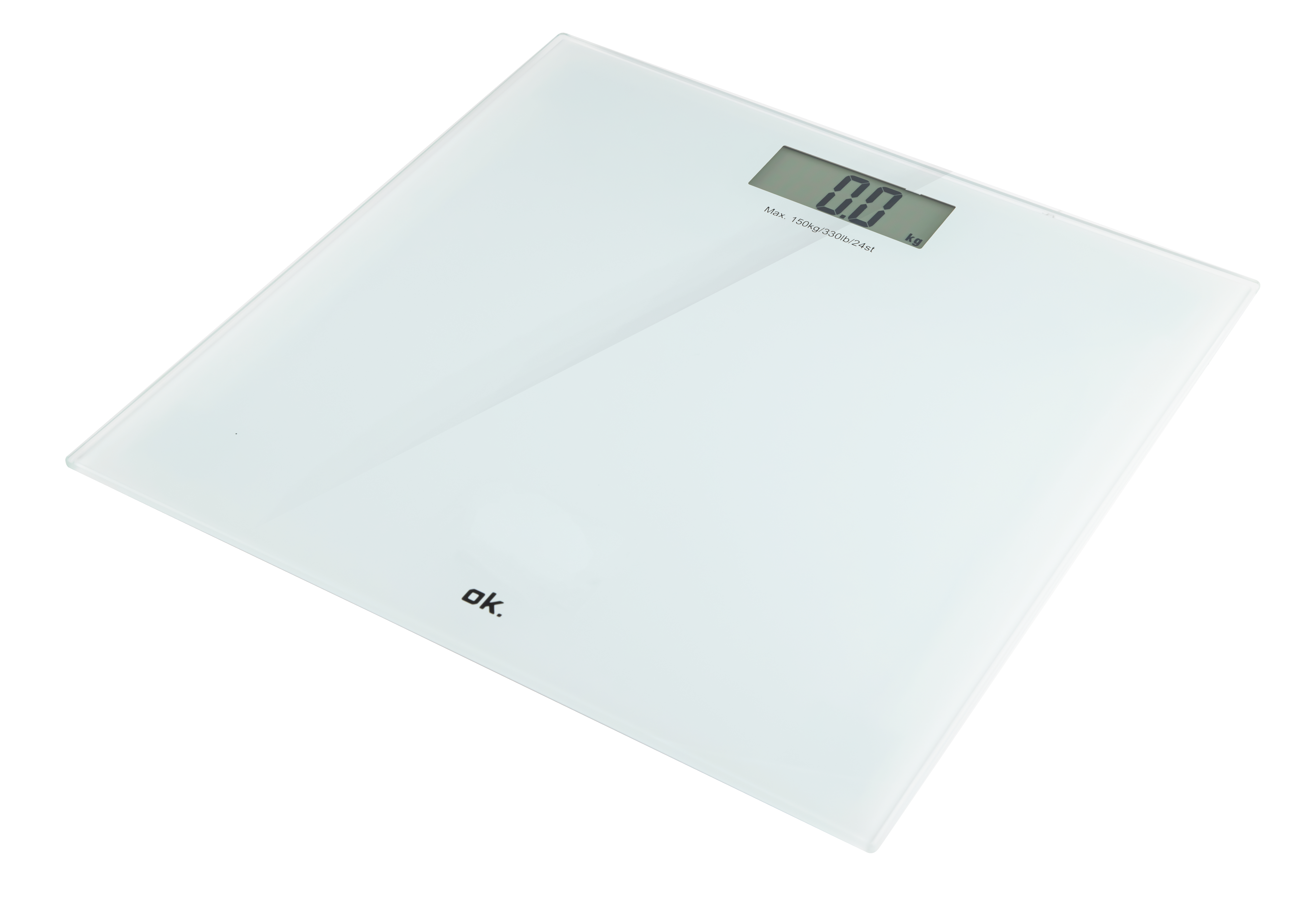 Weiße Glaswaage mit Digitalanzeige, die 0,0 kg anzeigt. Die Oberfläche ist sauber.