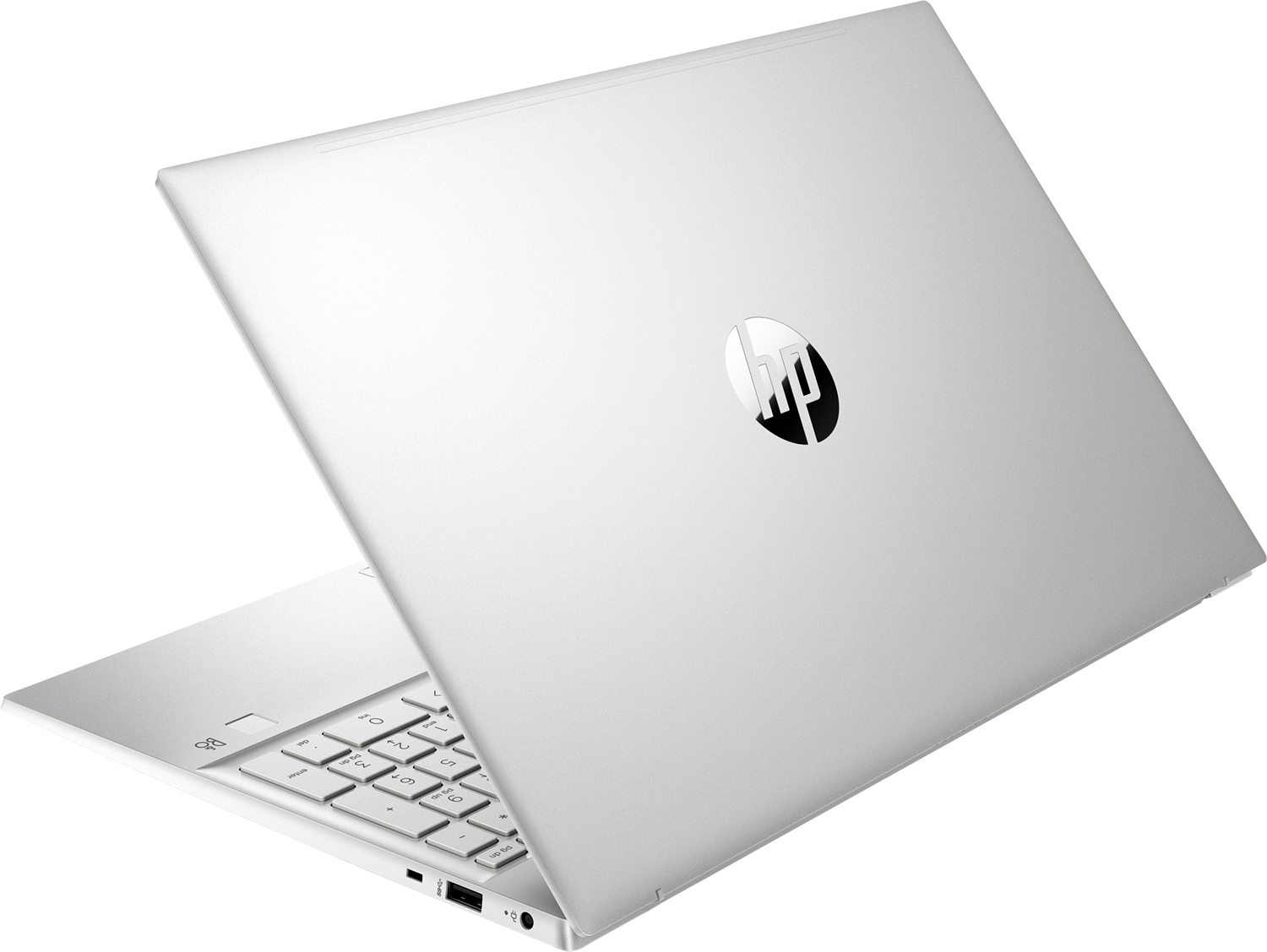 Zilveren HP laptop, gedeeltelijk open, met toetsenbord en scherm. HP logo op de achterkant.