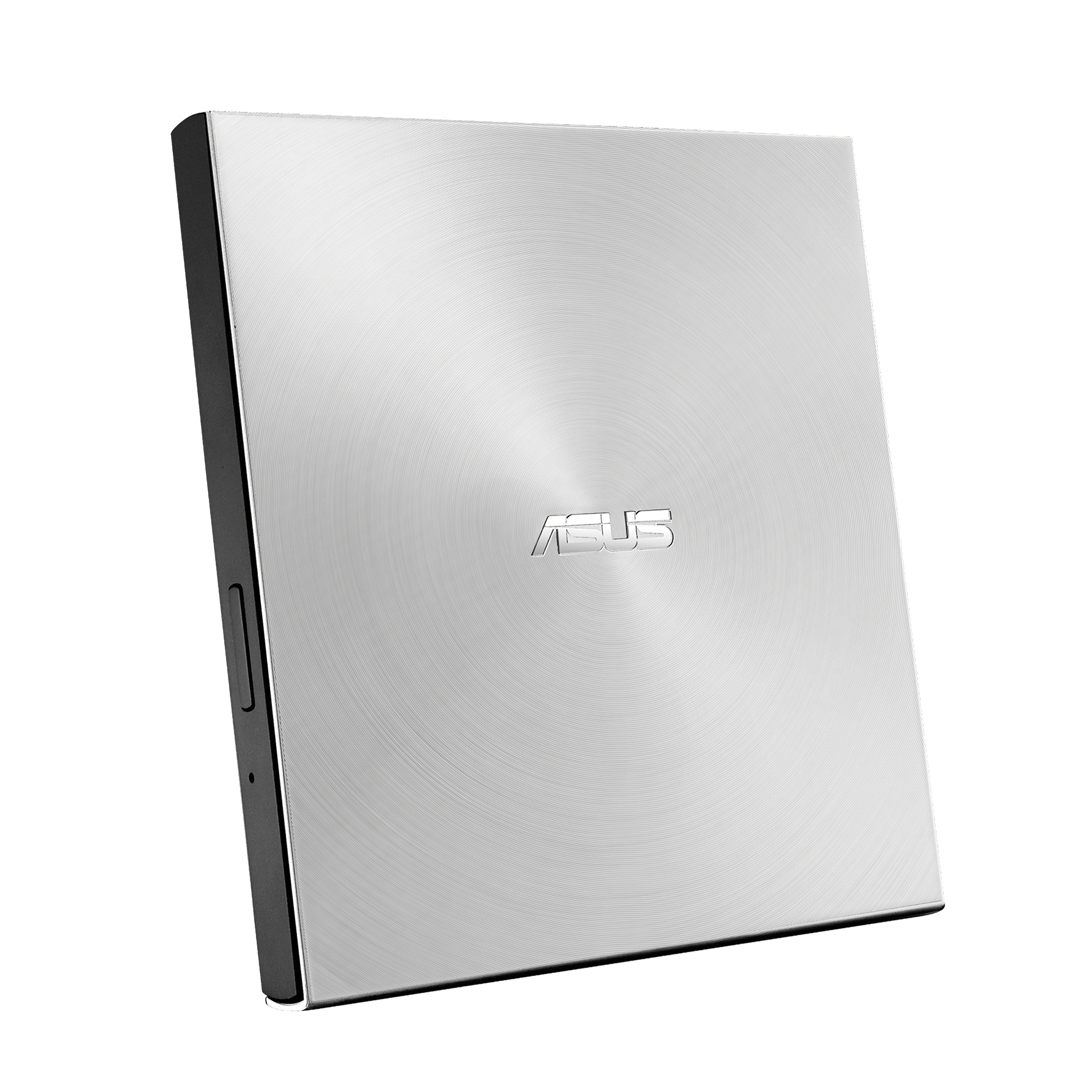 Ein silbernes externes DVD-Laufwerk von ASUS mit dunklem Rand, isoliert auf weißem Hintergrund.