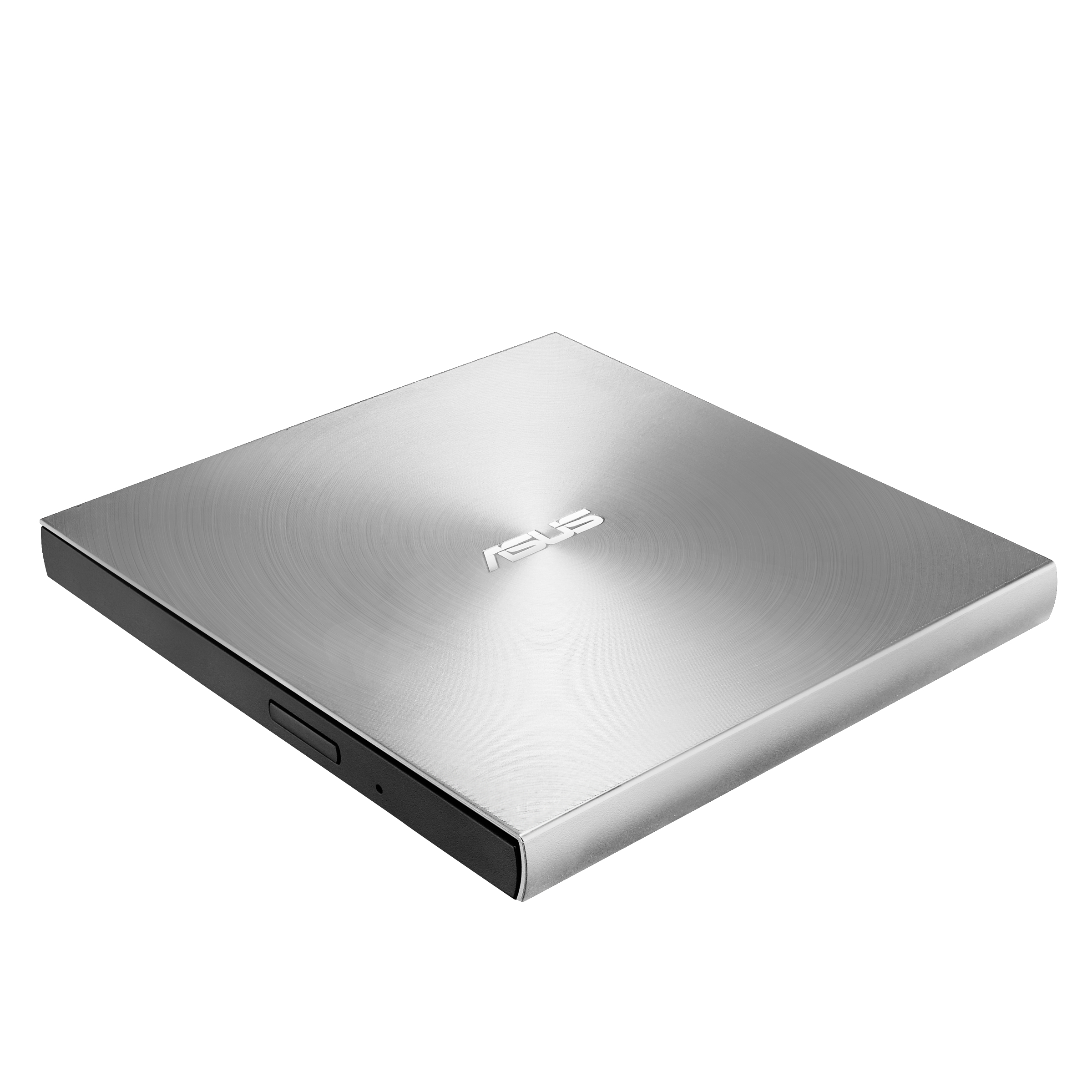 Ein silbernes externes DVD-Laufwerk von ASUS auf weißem Hintergrund. Das Markenlogo ist sichtbar.