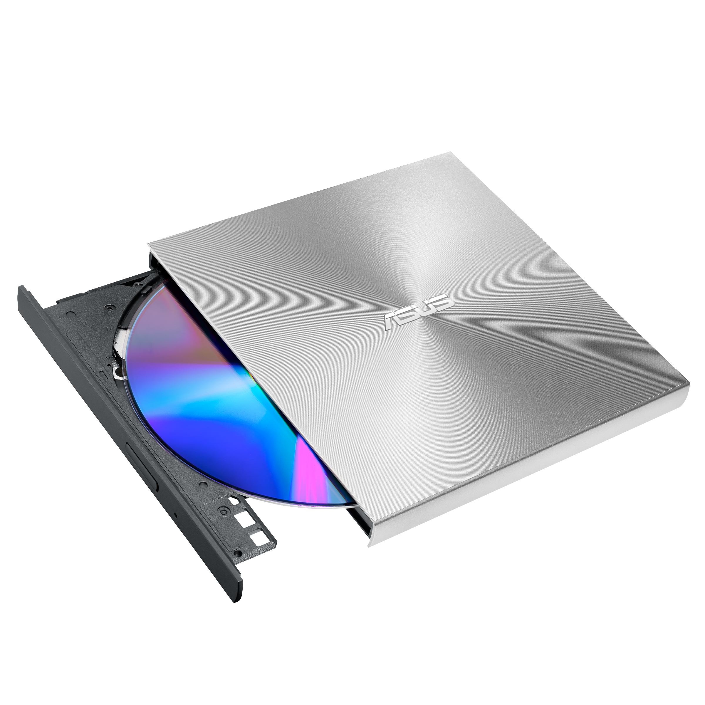 Silbernes externes DVD-Laufwerk von ASUS mit geöffnetem Fach und einer blau/violetten Disc.