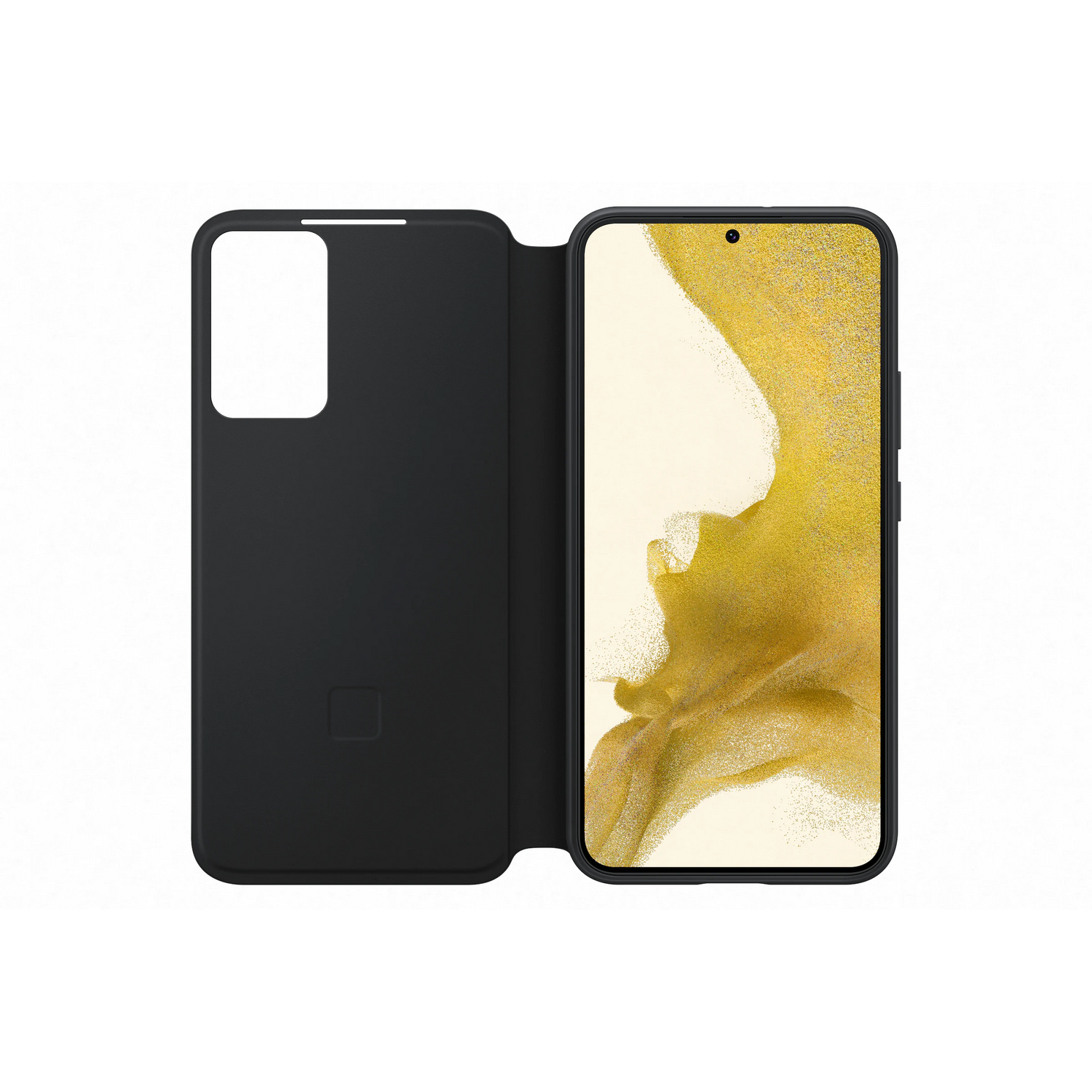 Teléfono negro en una funda negra, abierto. La pantalla del teléfono muestra un patrón dorado.
