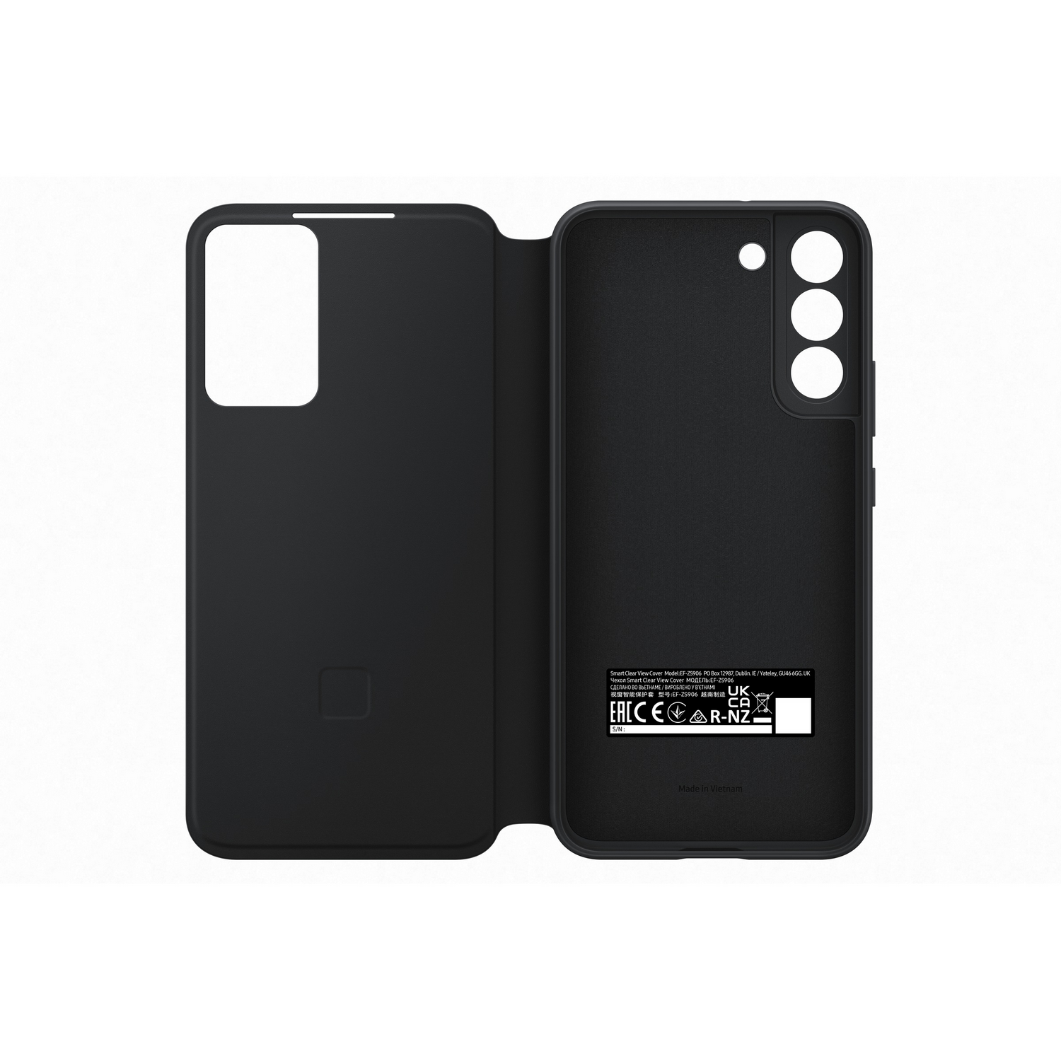 Una funda de teléfono negra, abierta, con un teléfono dentro.