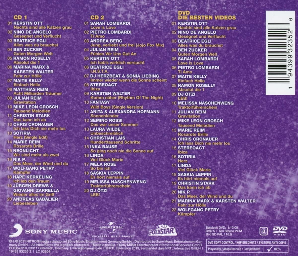 CD- und DVD-Hülle mit mehreren Titellisten auf der Rückseite. Text auf Deutsch, mit Barcodes rechts.