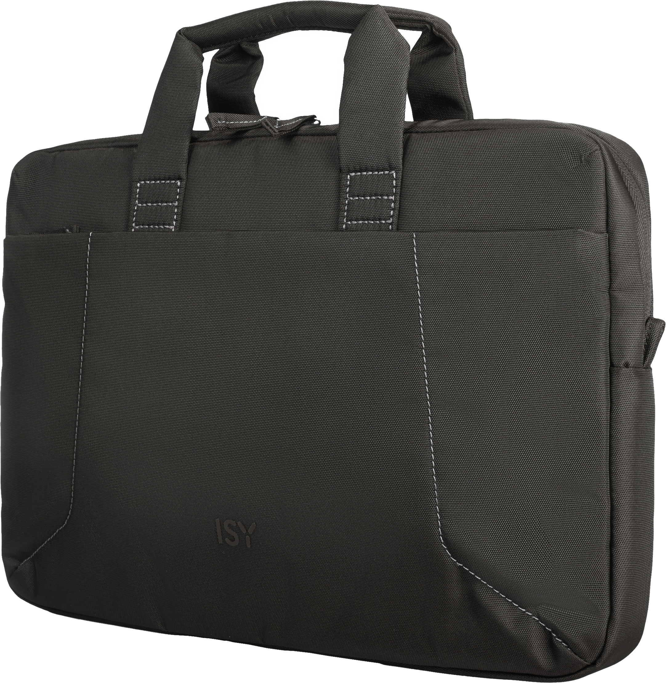 Eine schwarze Laptoptasche mit Griff und Tasche und dem Markennamen ISY.