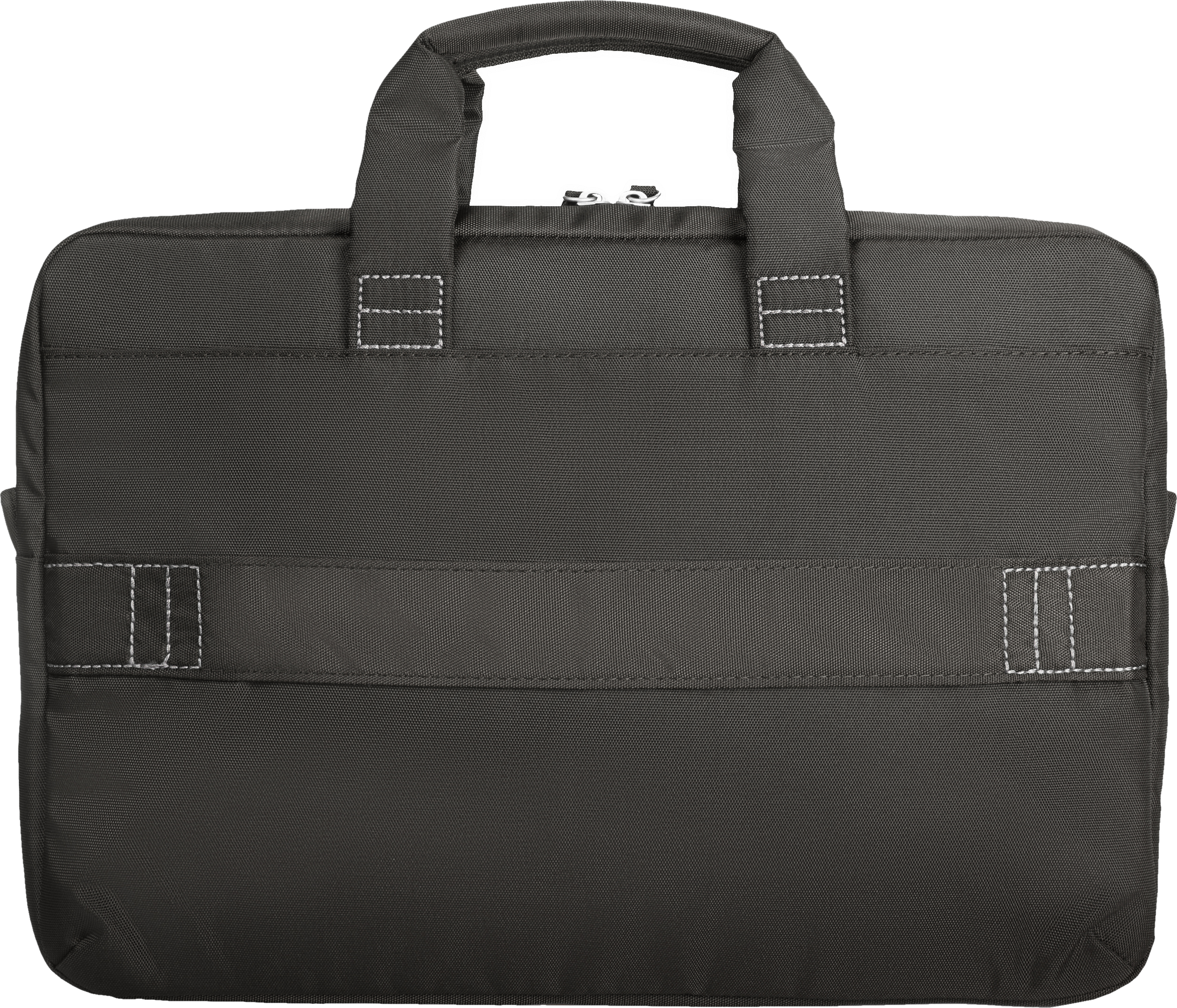 Schwarze Laptoptasche mit zwei Griffen, einem Reißverschluss und einem Riemen.