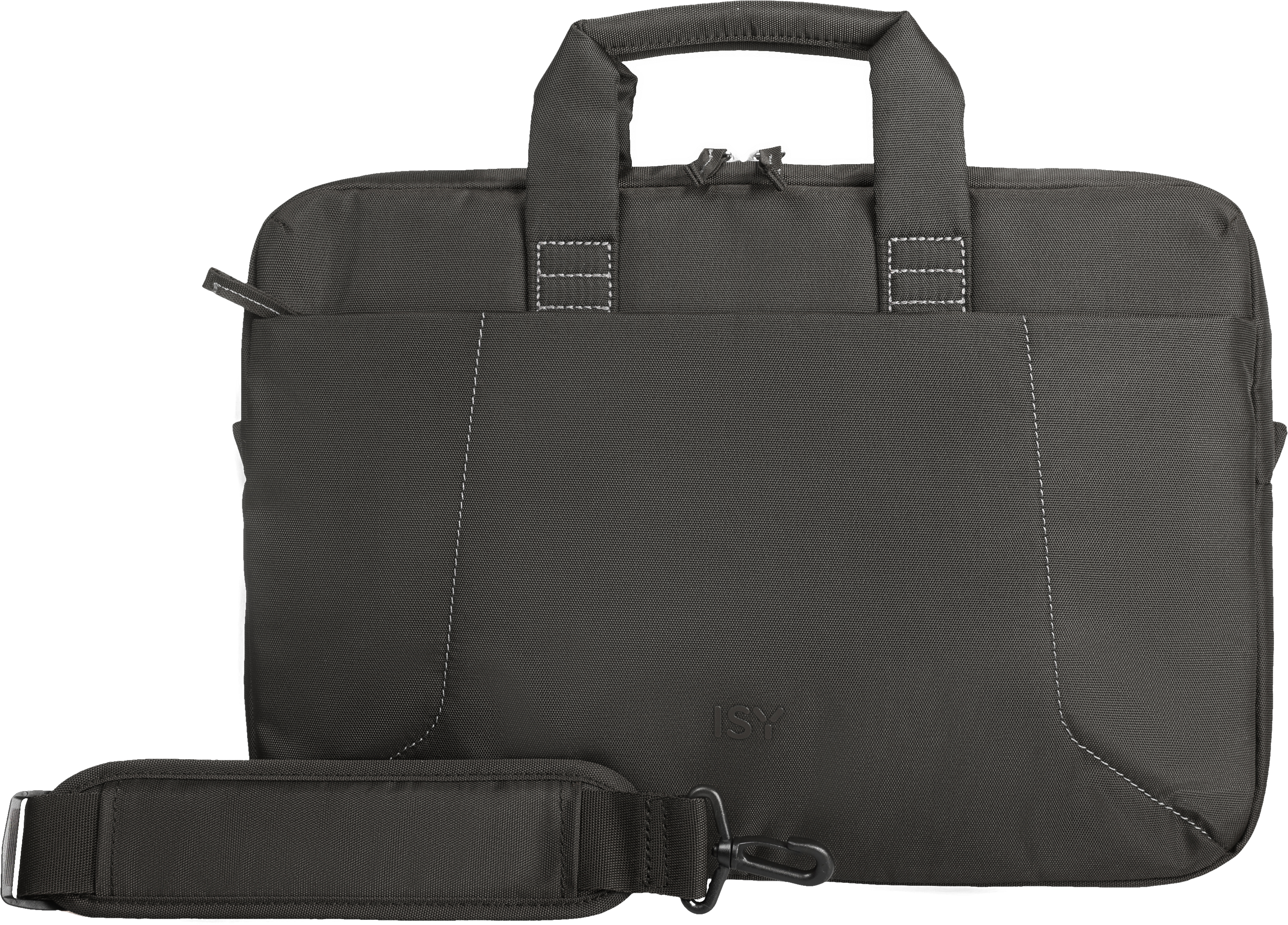 Eine schwarze ISY Laptoptasche mit Schulterriemen und Griffen. Mit weißen Nähten.