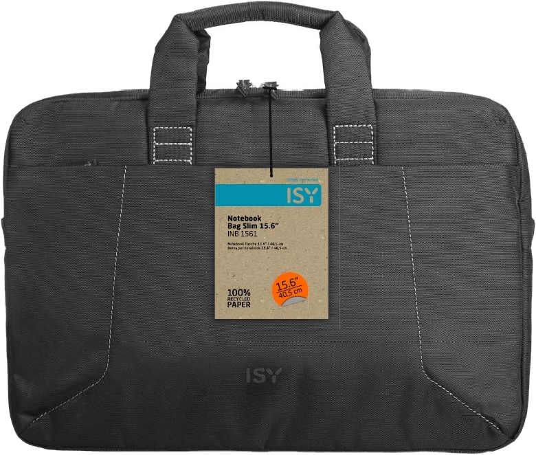 Eine graue Laptoptasche mit einem Etikett mit der Aufschrift '100% recyceltes Papier'.
