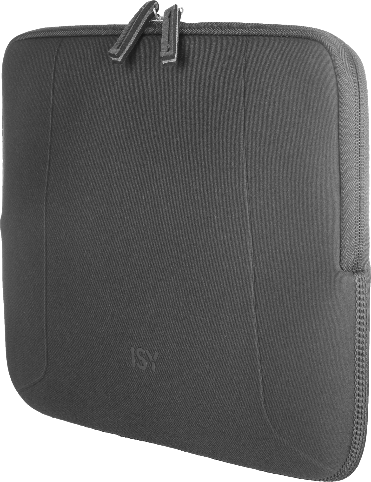 Housse d'ordinateur portable gris foncé avec fermeture éclair sur le dessus et logo 'ISY'.