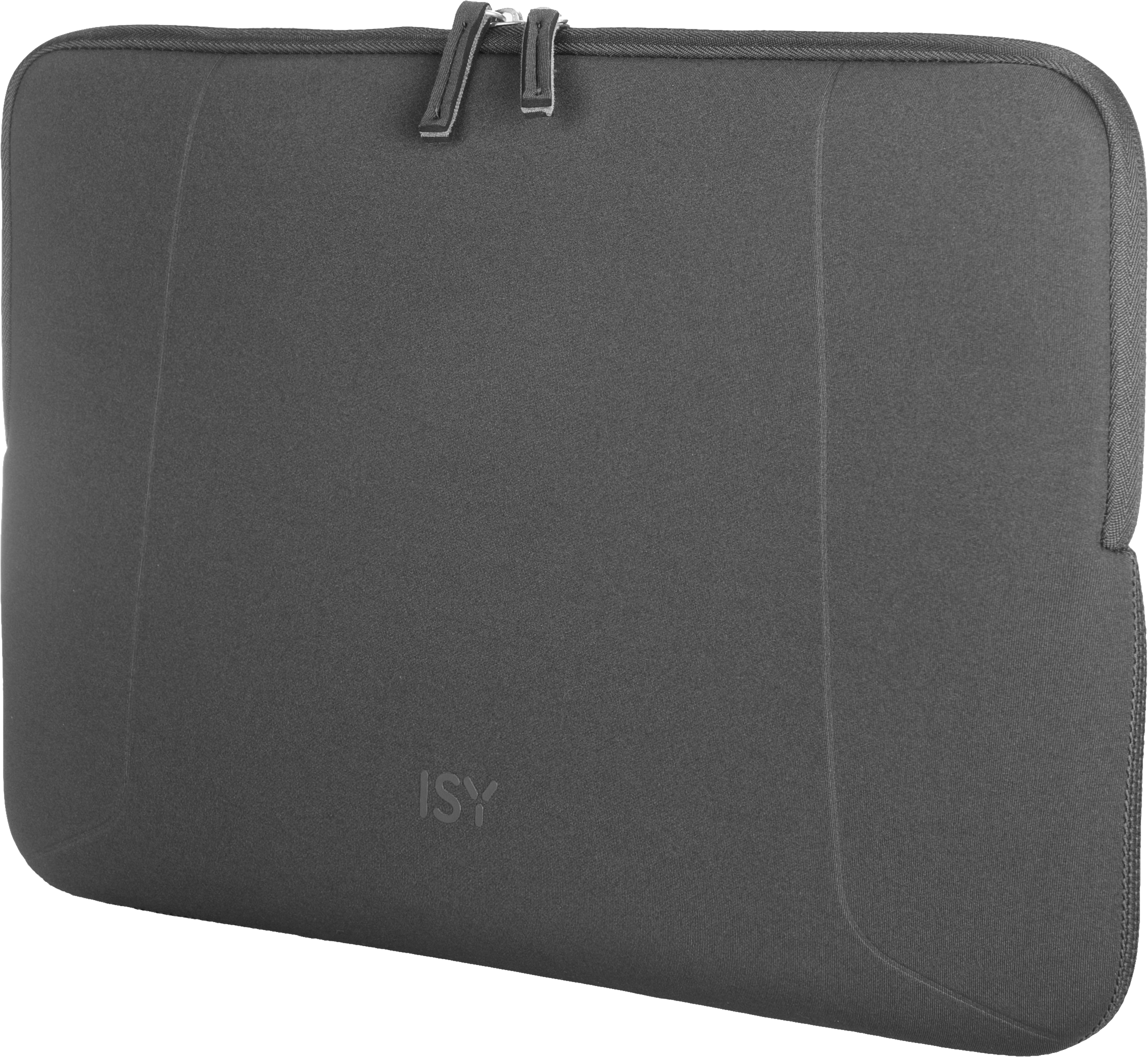 Une housse grise pour ordinateur portable avec deux fermetures éclair et le logo ISY.
