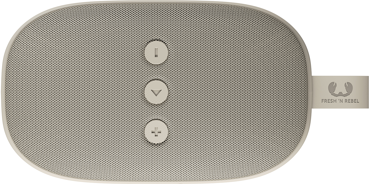 Beige speaker with 3 buttons and a fabric mesh. The brand name Fresh 'n Rebel is visible.