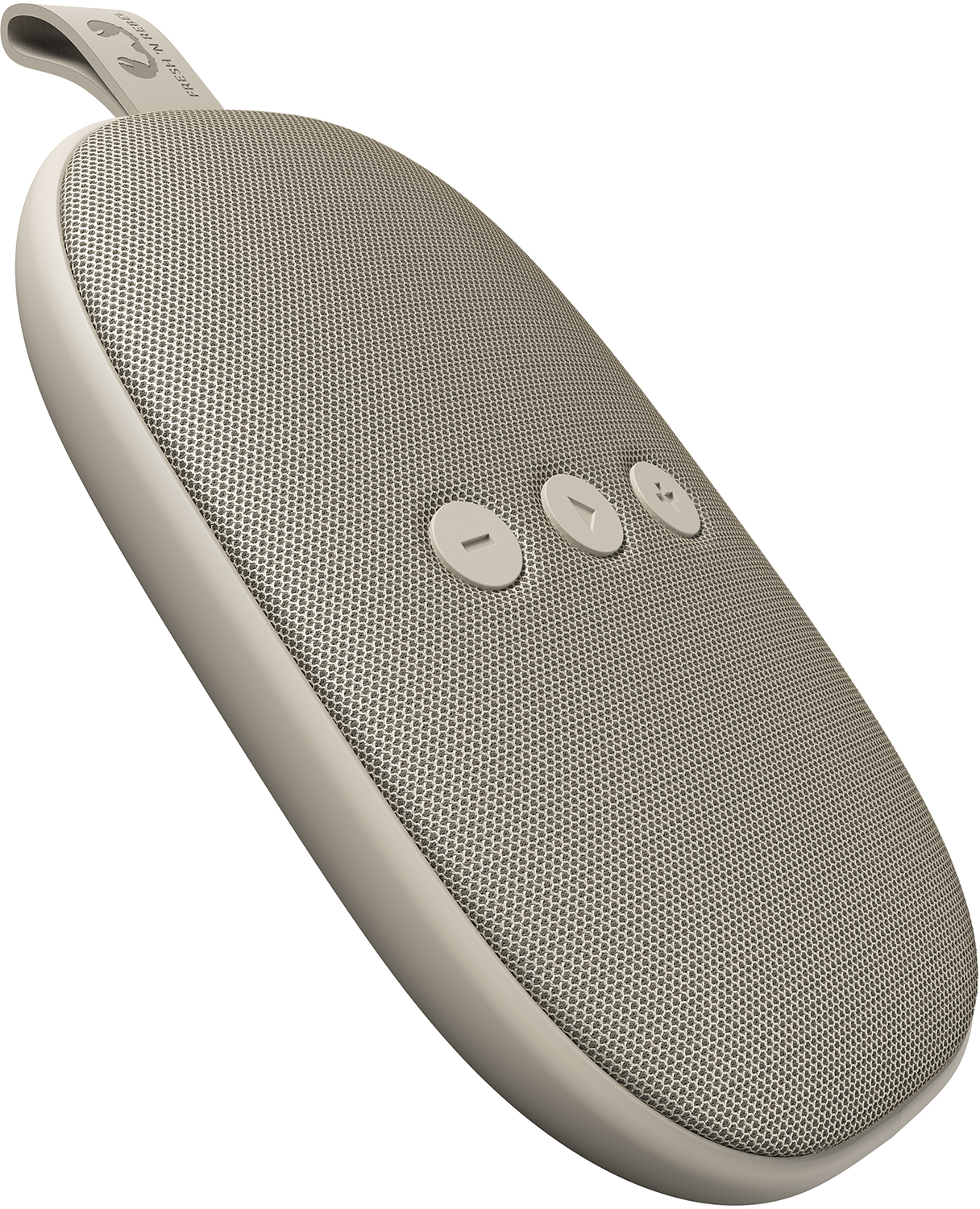 Oval-shaped, gray speaker with three buttons on top. It has a mesh-like surface and a hanging loop.