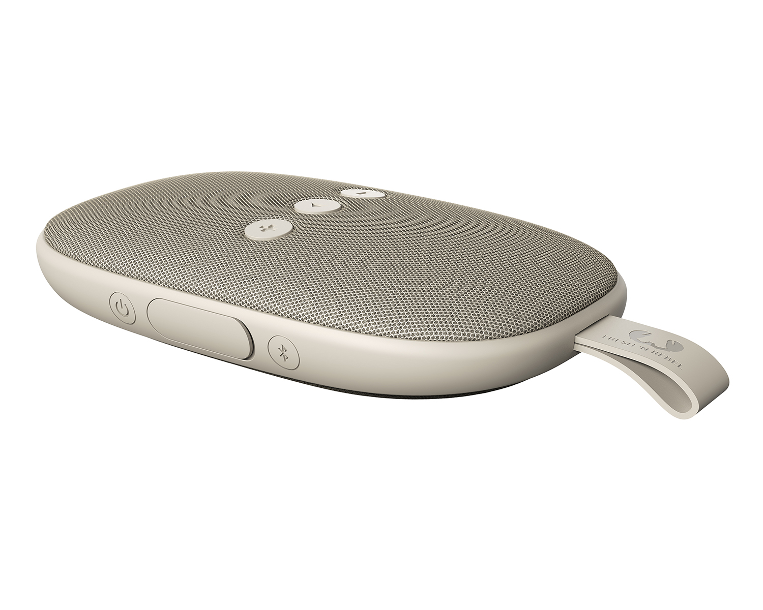 Cream-colored oval Bluetooth speaker with three buttons, a logo and a loop.