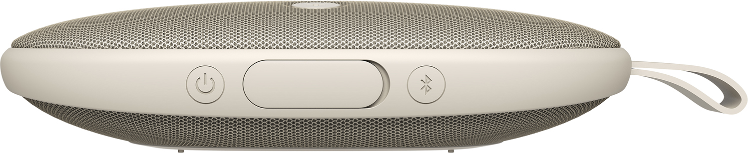 White and grey speaker with power and bluetooth buttons.