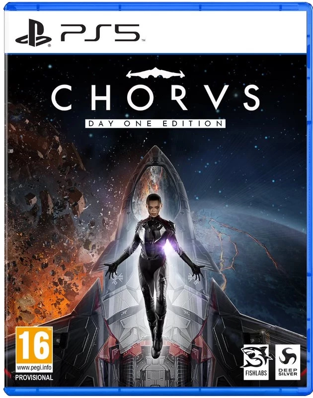 Gamecover: Chorus Day One Edition. Een vrouw in een pak staat voor een ruimteschip. Ruimteachtergrond.