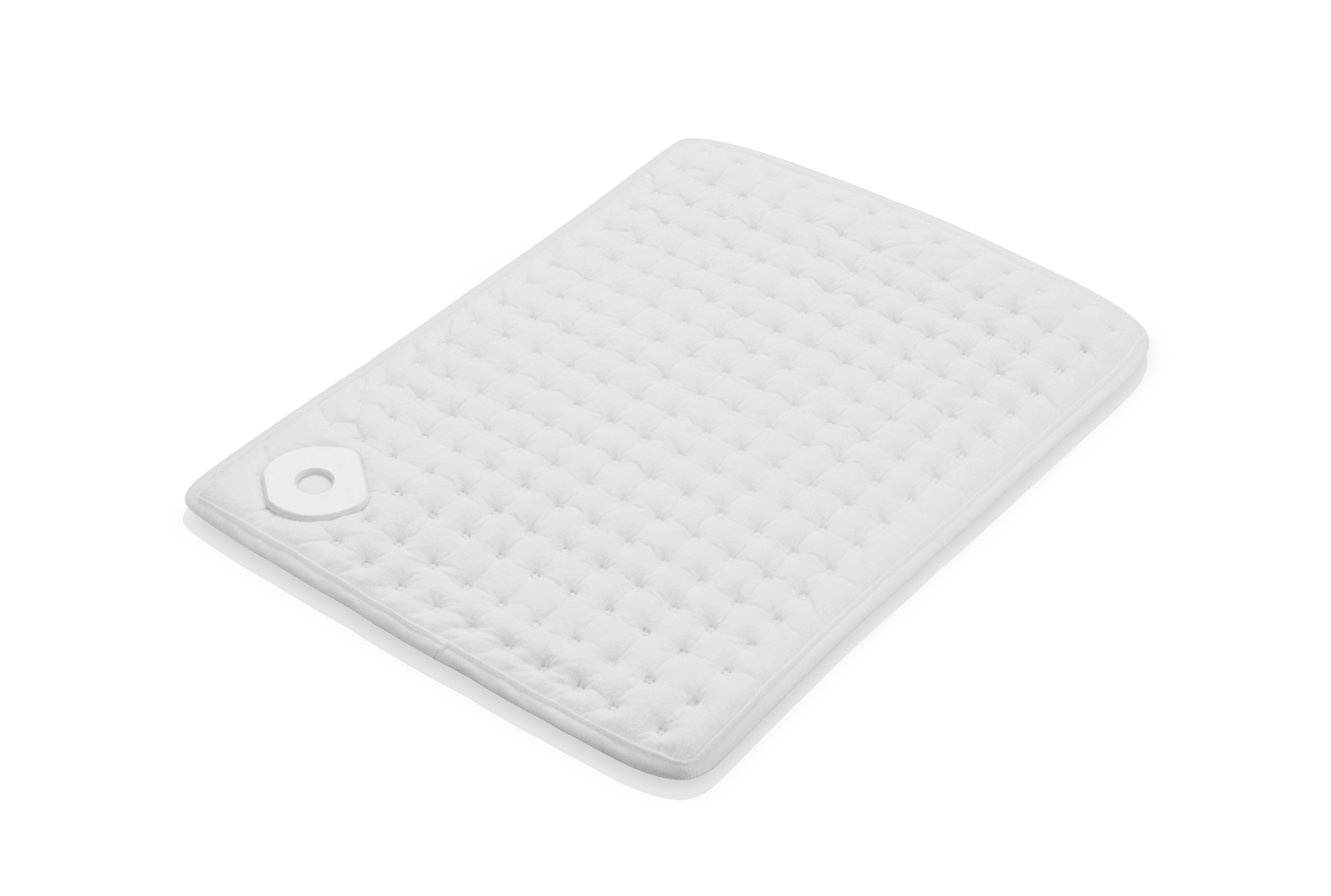 Een witte, gewatteerde warmtepad op een witte achtergrond, iets omhoog gekanteld.
