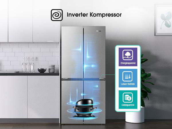 Kühlschrank in einer Küche, mit Symbolen für Energieeffizienz und leisen Betrieb.