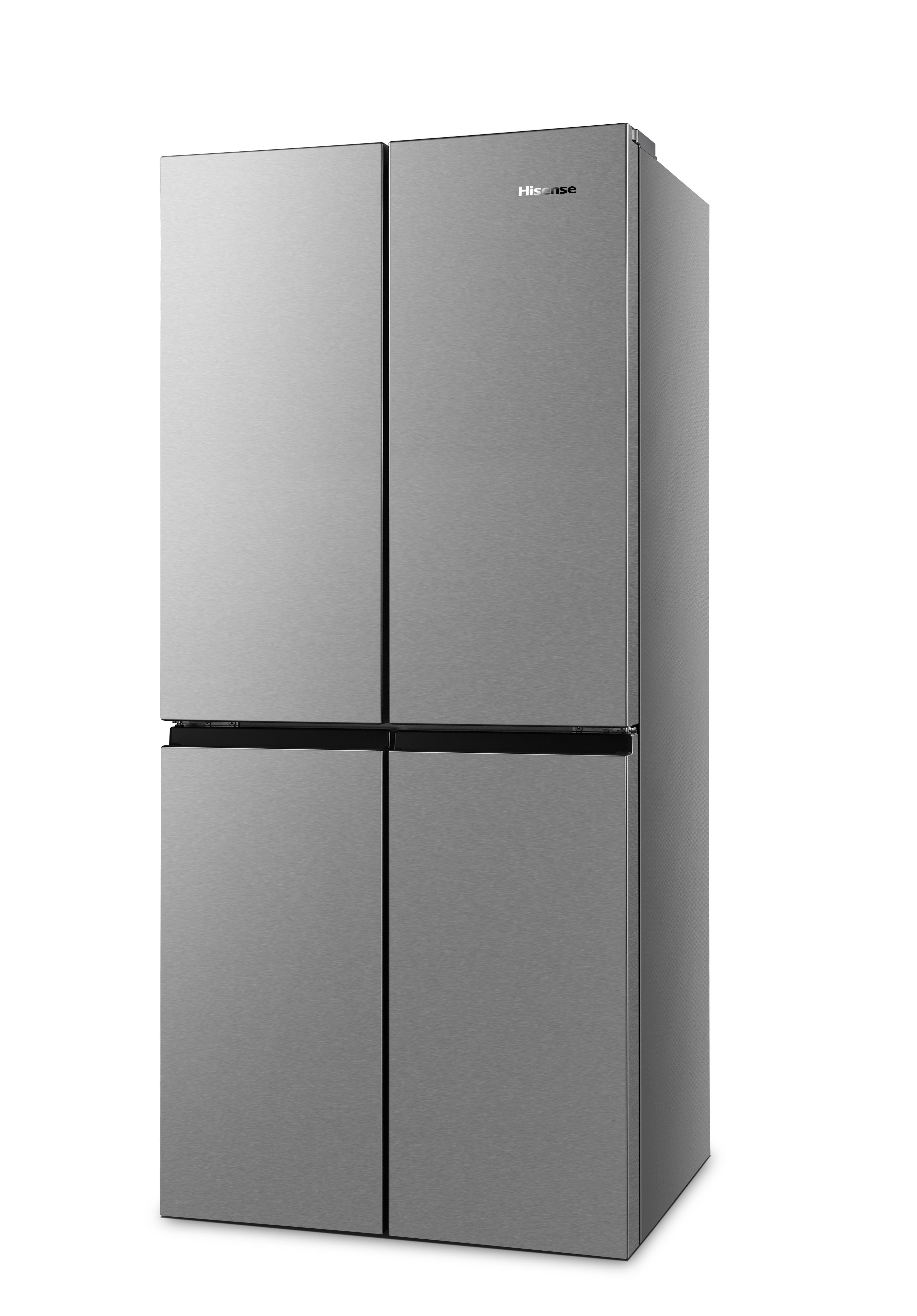 Ein silberner Hisense Kühlschrank. Mit vier Türen und modernem Design.