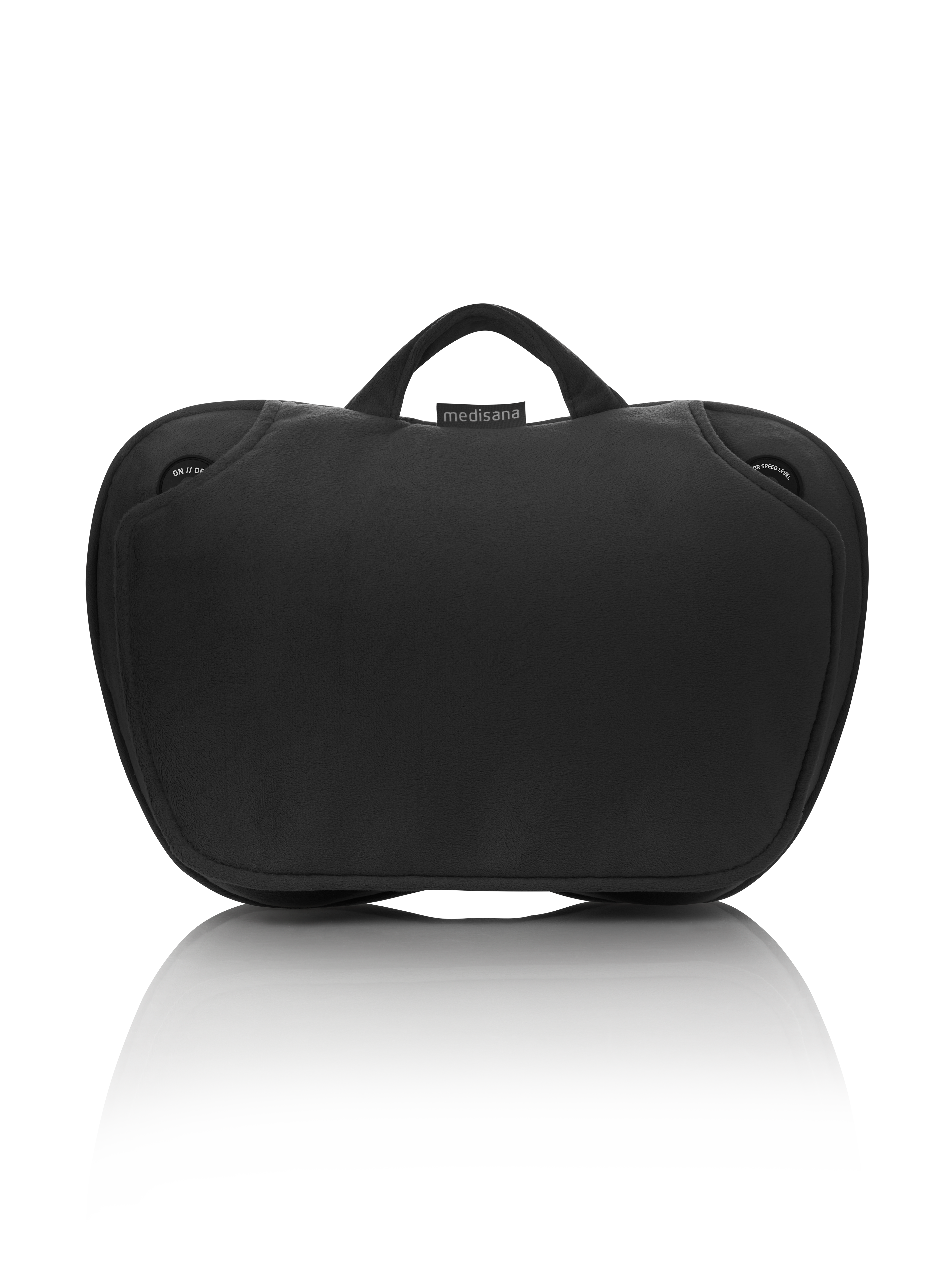 Un coussin de massage noir avec une poignée, posé sur une surface réfléchissante.