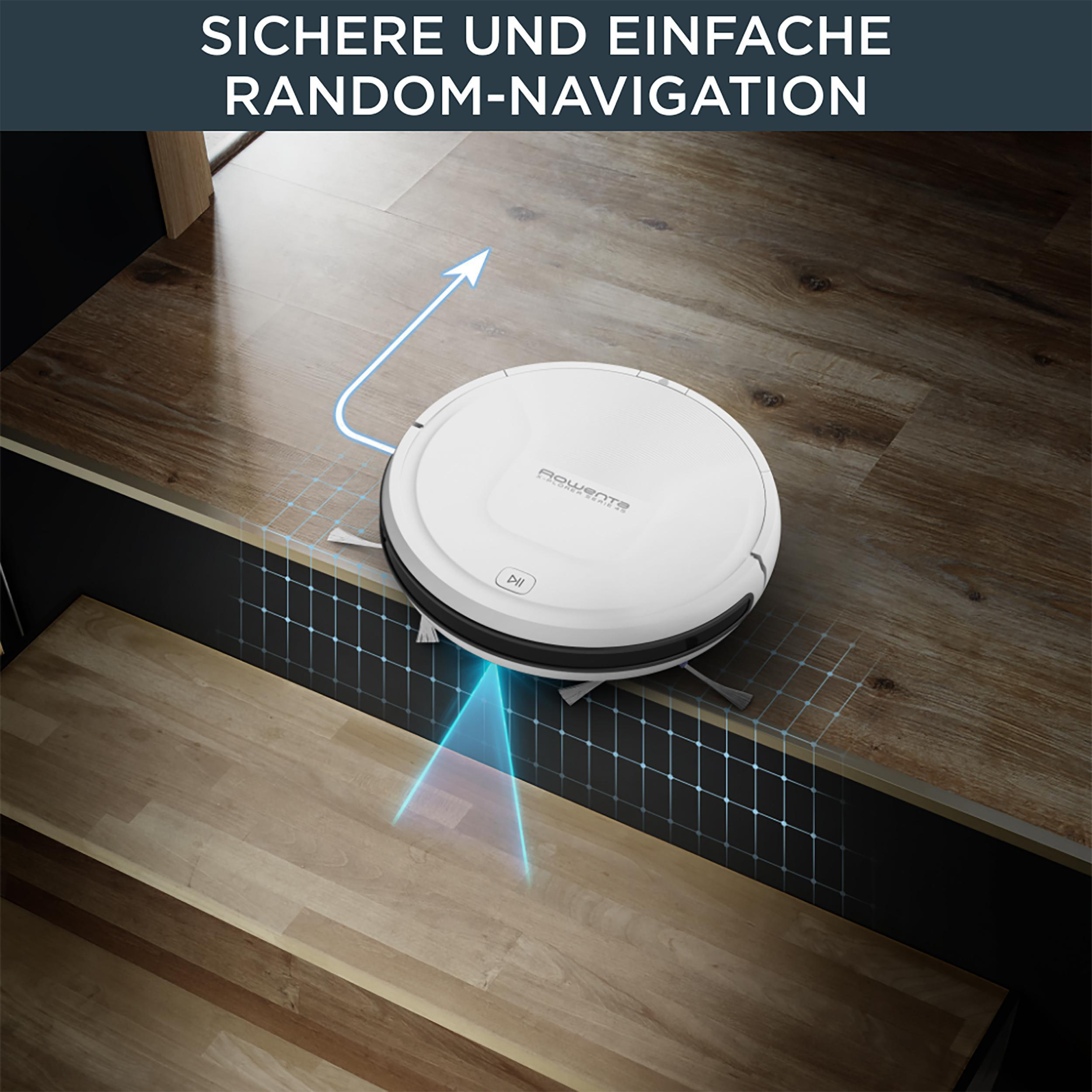 Roboter-Staubsauger auf Holzboden. Text: 'Sichere und einfache Zufallsnavigation'.