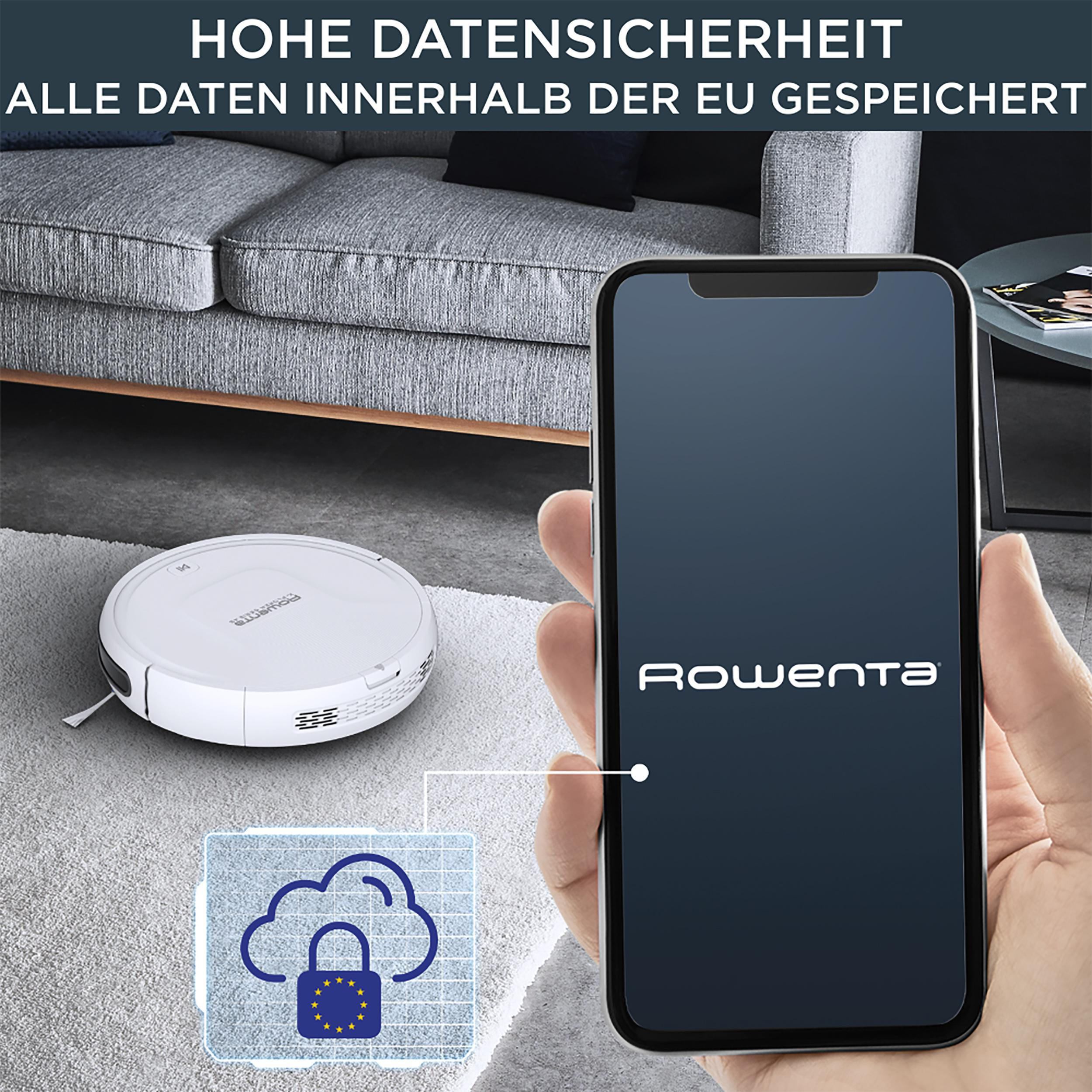 Roboter-Staubsauger, Telefon mit Rowenta-Logo, Cloud mit EU-Schloss, Text.