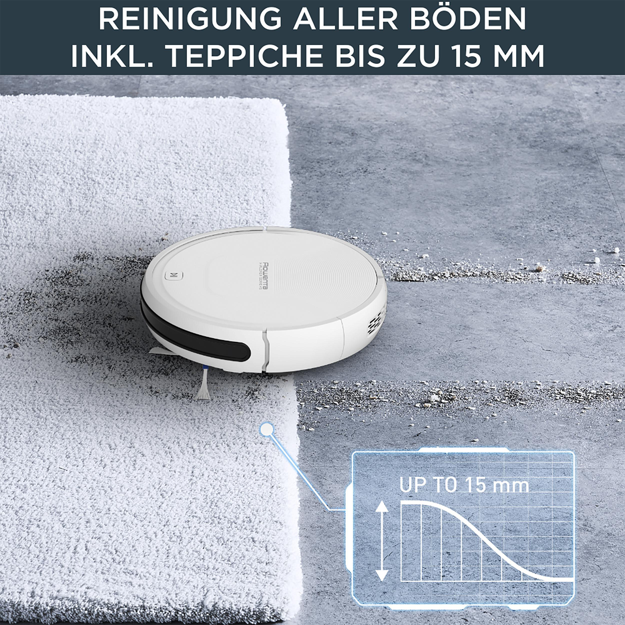 Ein Roboter-Staubsauger reinigt einen weißen Teppich. Ein Diagramm zeigt die Höhenverstellung.