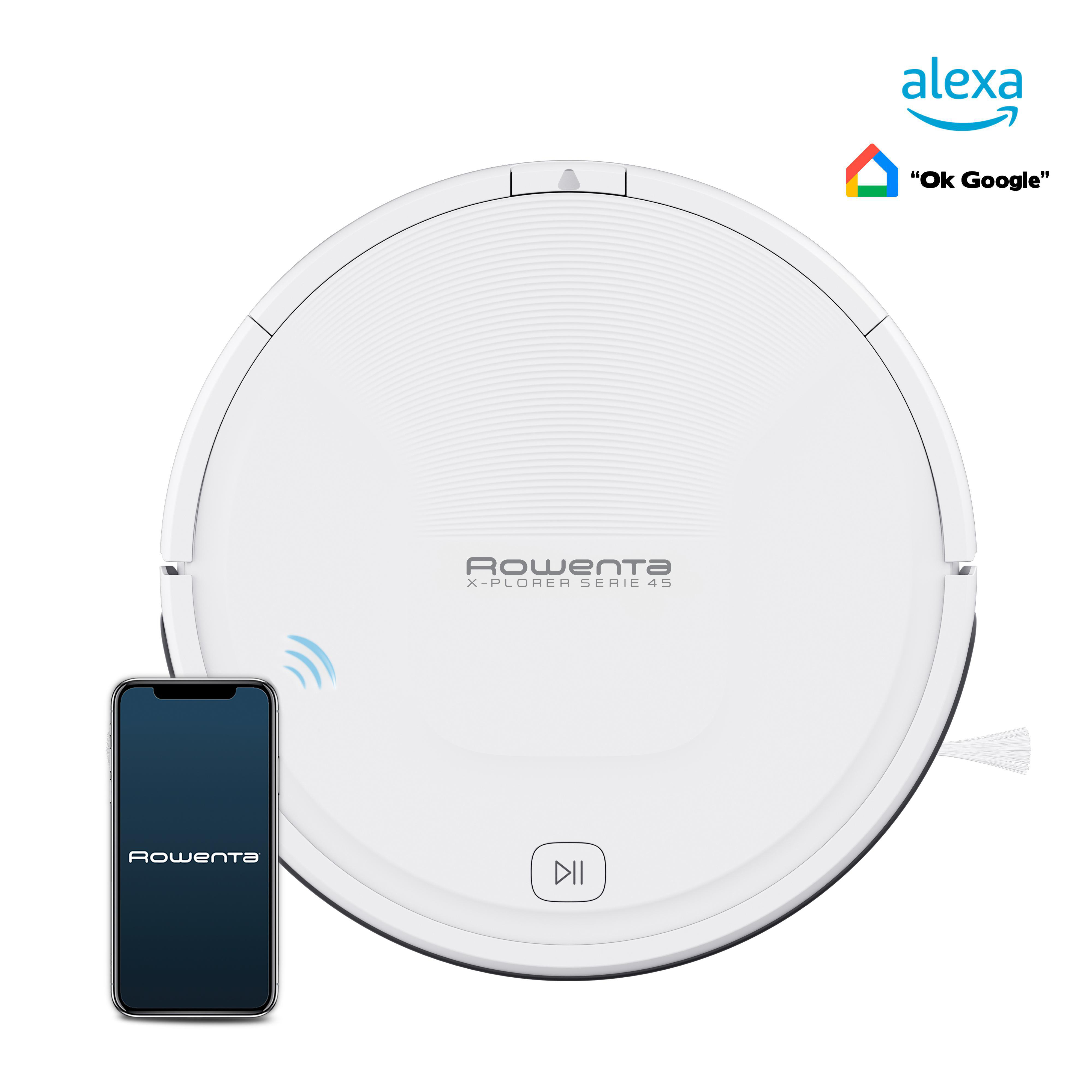 Weißer Roboter-Staubsauger mit Telefon und Alexa/Google Assistant Symbolen.