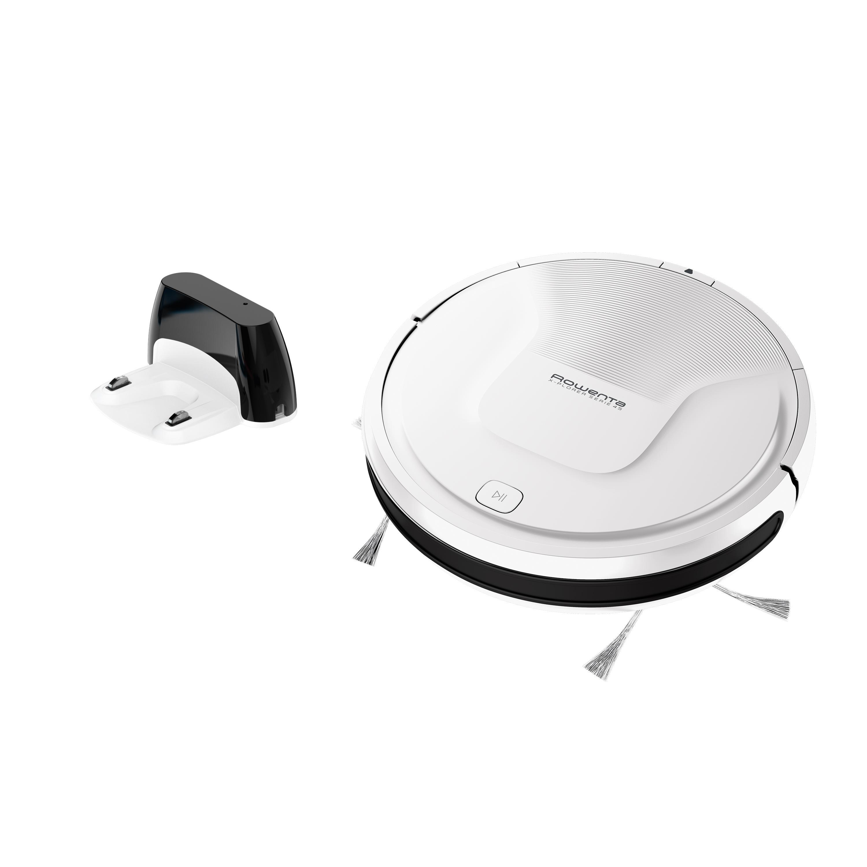 Ein weißer Roboter-Staubsauger mit Ladestation auf weißem Untergrund.