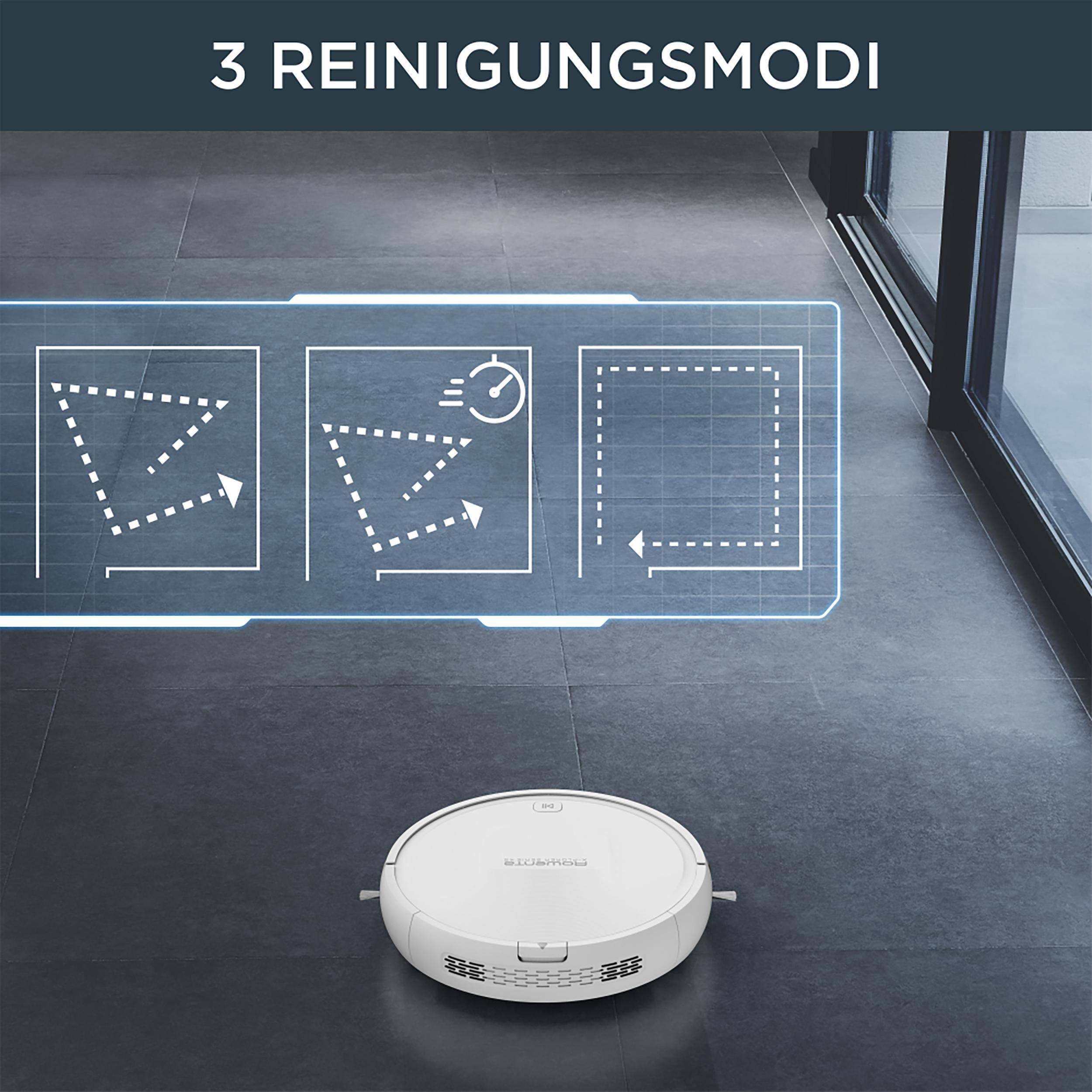 Weißer Roboter-Staubsauger mit drei Reinigungsmodi. Der Boden ist grauer Fliesen.