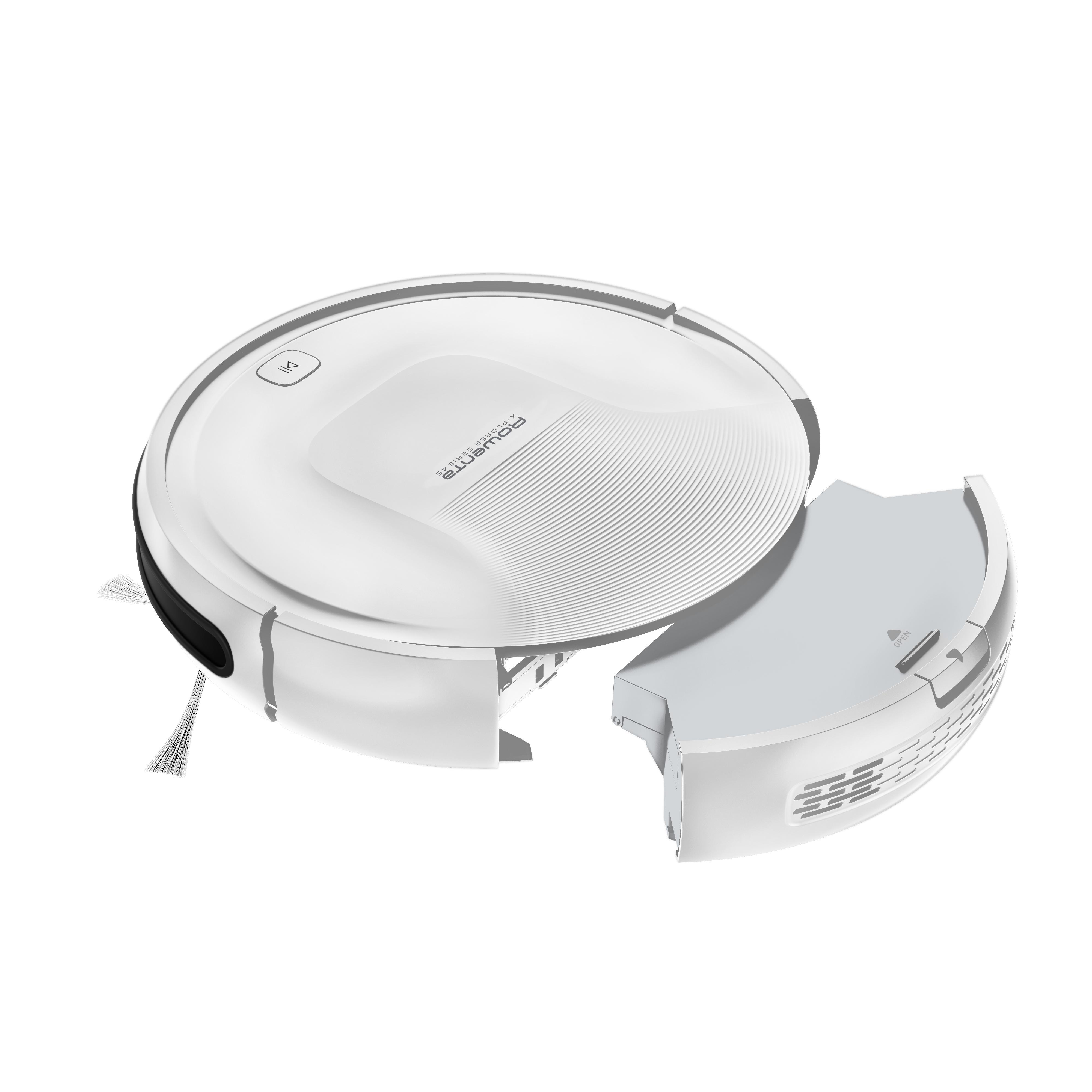 Weißer Roboter-Staubsauger mit abgetrenntem Staubbehälter und Bürsten. Weißer Hintergrund.