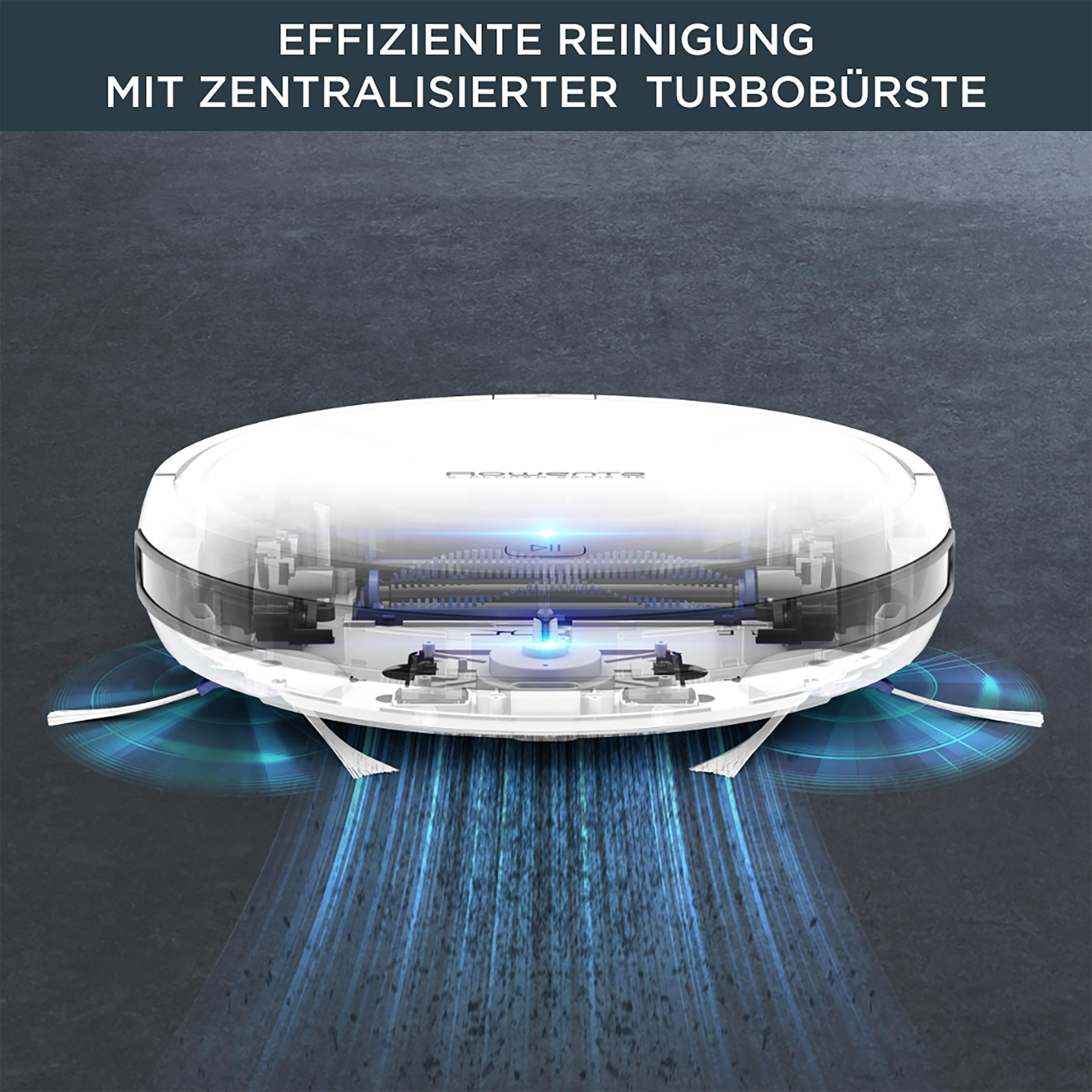 Weißer Roboter-Staubsauger, blaue Lichter, Text: 'EFFIZIENTE REINIGUNG'.