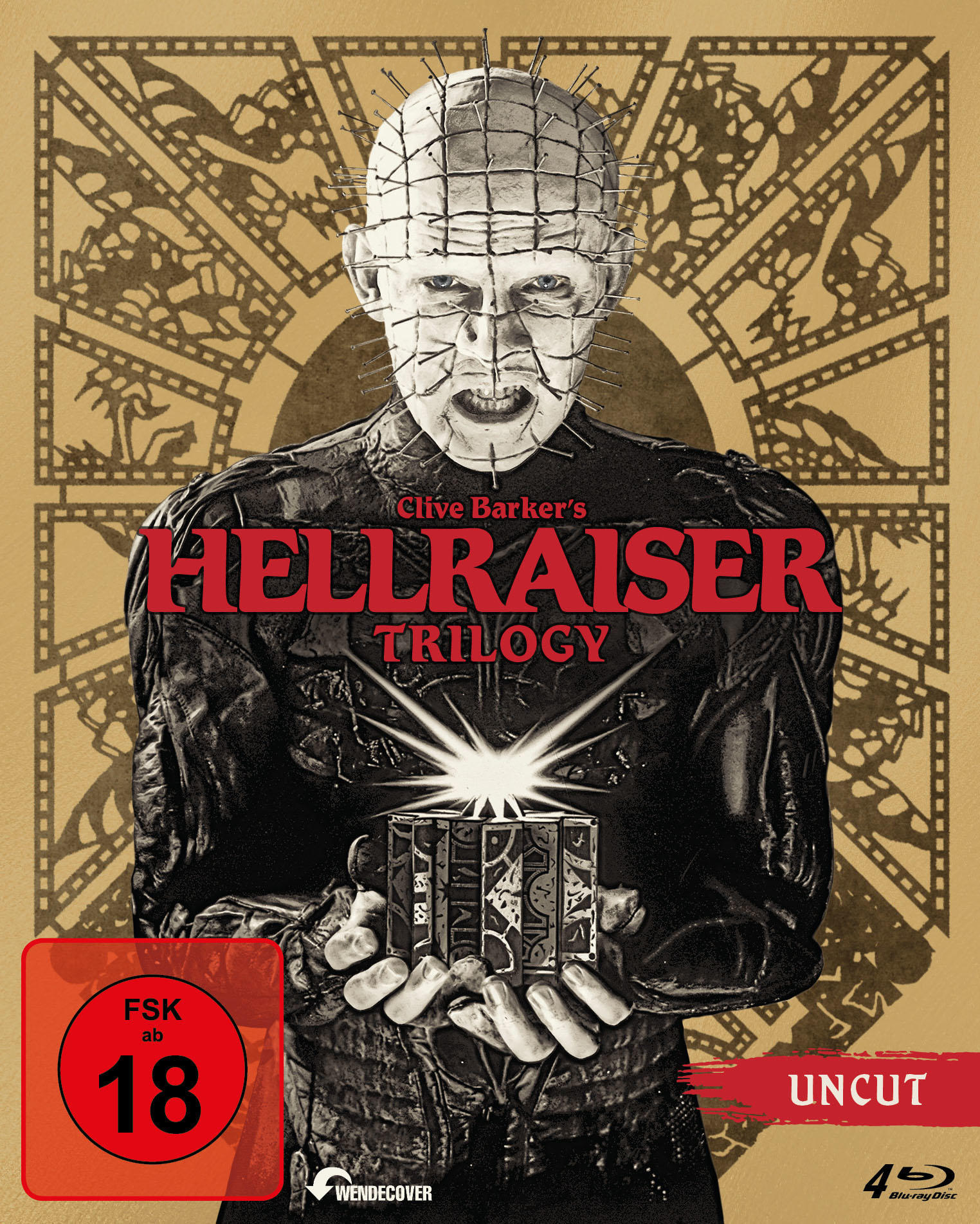 Filmcover für Hellraiser Trilogy. Ein kahler Mann mit Nadeln im Kopf, der eine Box hält.