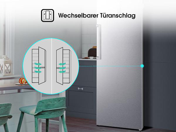 Edelstahlkühlschrank mit Wendetür und Diagramm, das Türöffnungsoptionen zeigt.