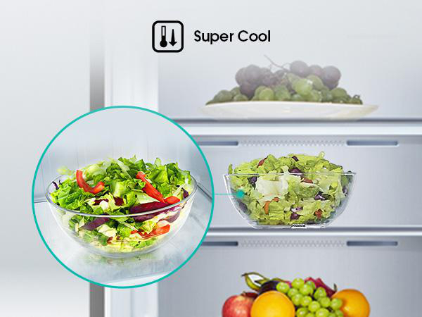 Kühlschrankinnenraum. Salat in Glasschalen, Trauben und Obst. Super Cool-Etikett vorhanden.