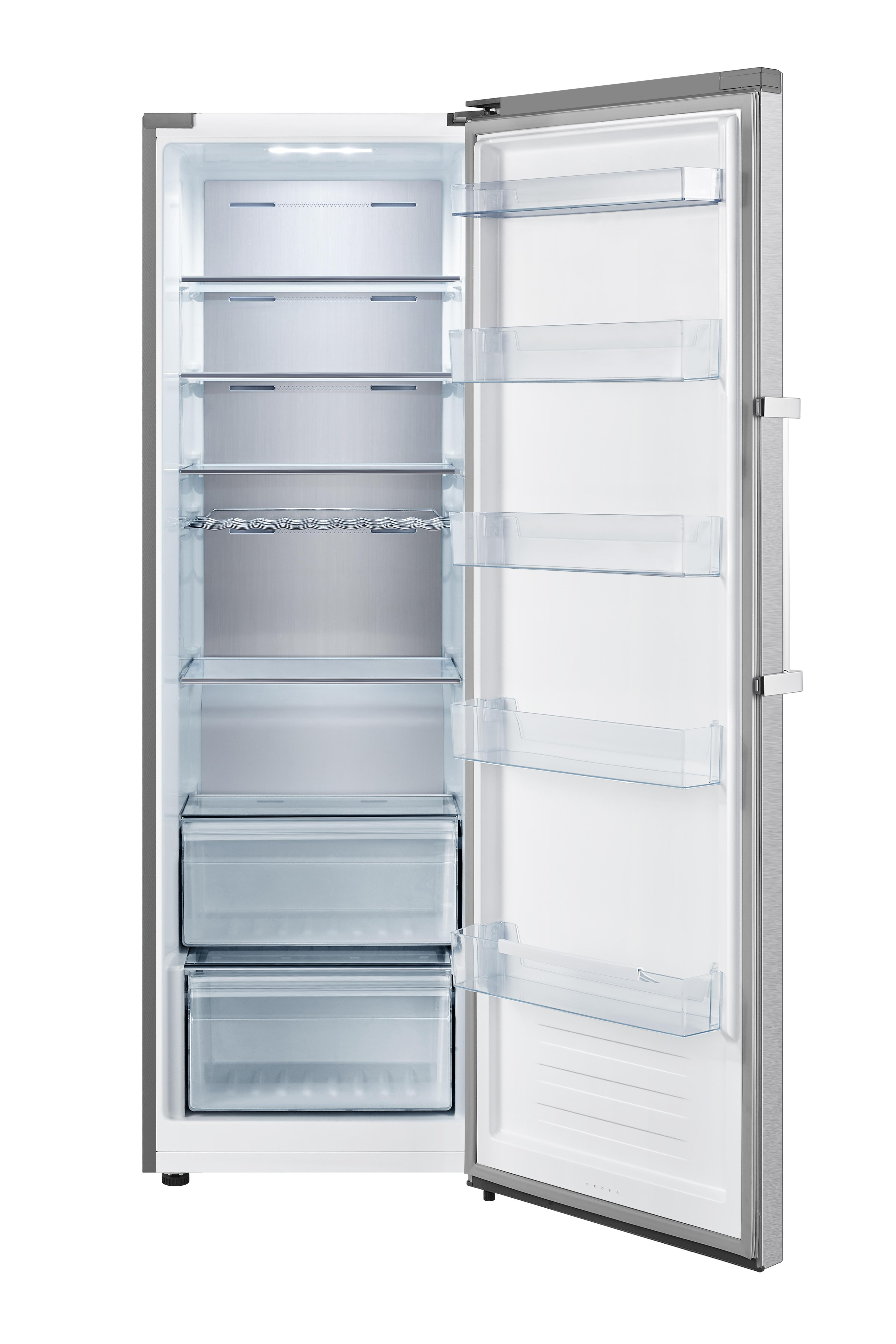 Ein Kühlschrank mit offener Tür, der Regale und Schubladen zeigt.