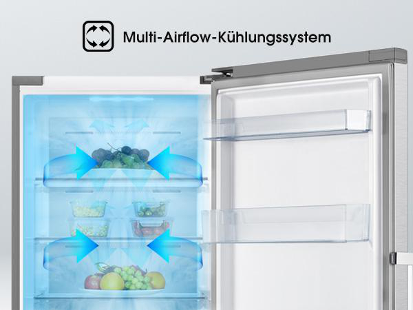 Kühlschrankinnenraum mit Multi-Airflow-System, zeigt Lebensmittel und Regale.