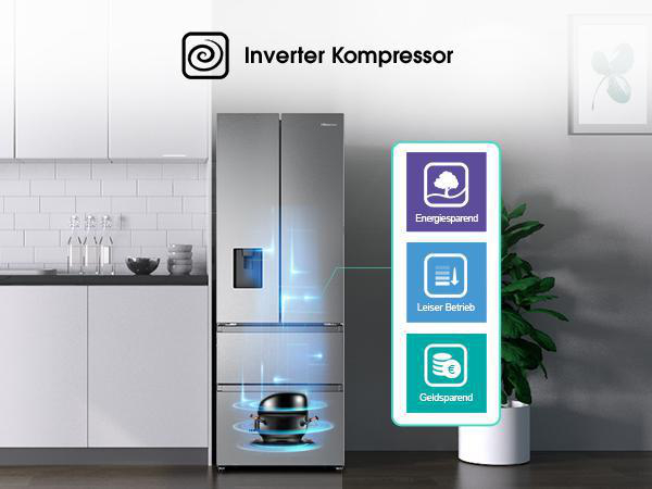 Moderner silberner Kühlschrank mit Inverter-Kompressor. Vorteile: energiesparend, leiser Betrieb und kostensparend. Küchenhintergrund.
