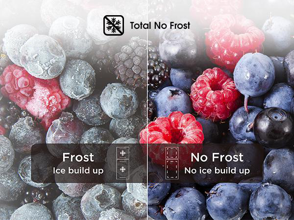 Das Bild zeigt Beeren mit und ohne Frost. Text sagt 'Total No Frost'. 'Frost - Eisbildung' und 'No Frost - Keine Eisbildung'.