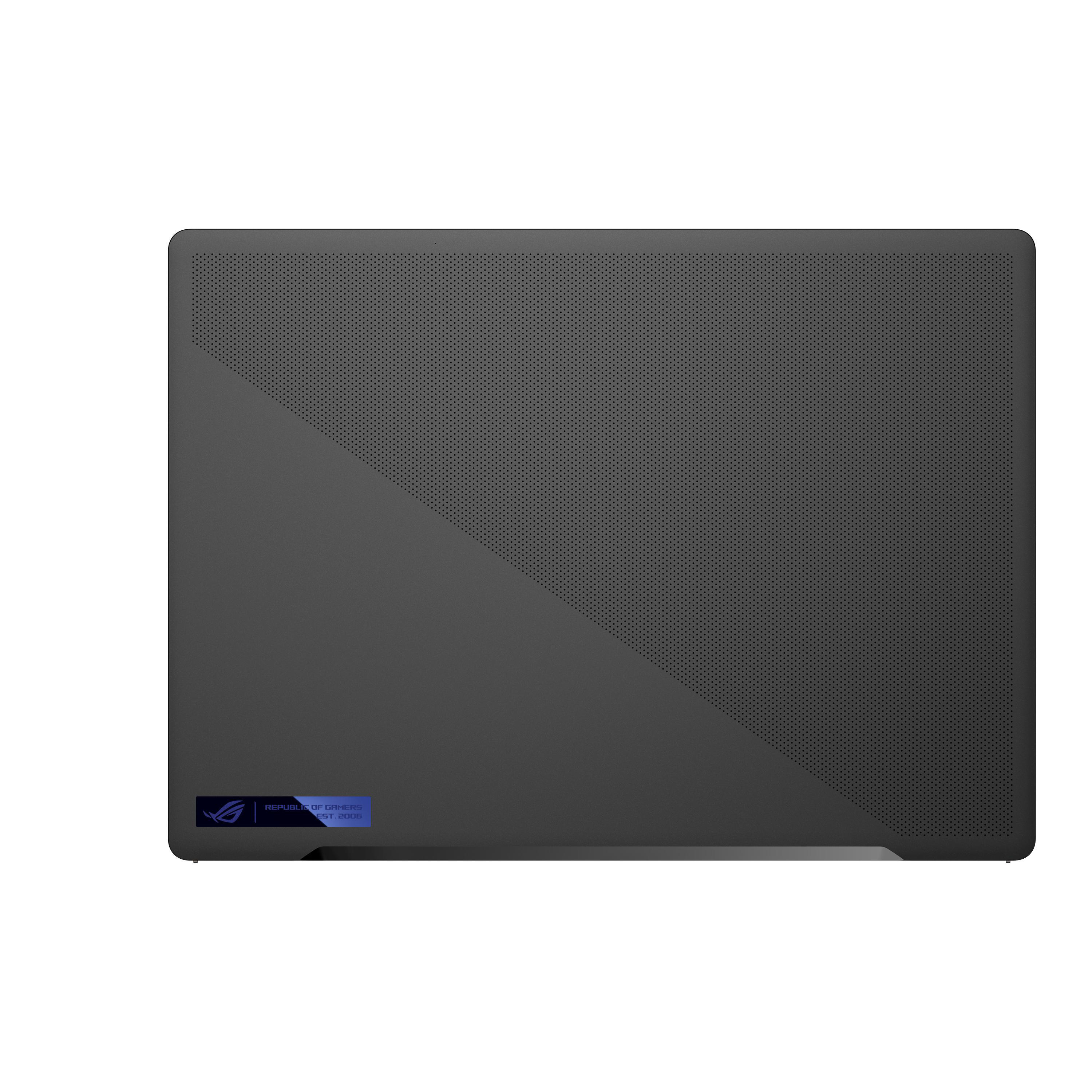 Schwarze Laptoprückseite mit strukturiertem Muster und kleinem blauem Republic of Gamers-Logo.
