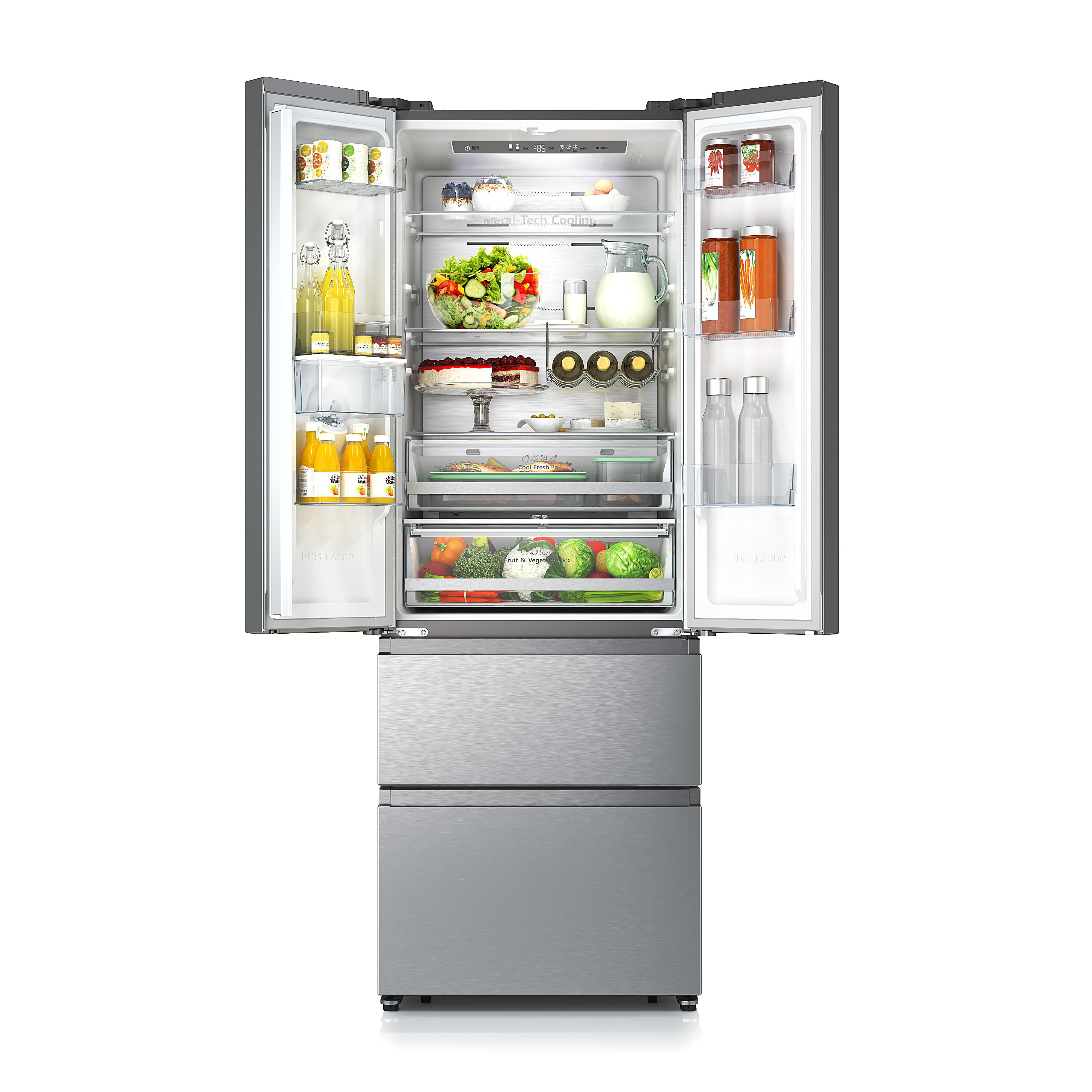 Ein moderner, offener Kühlschrank zeigt Lebensmittel. Salat, Kuchen, Milch, Eier, Gemüse und Flaschen sind sichtbar.