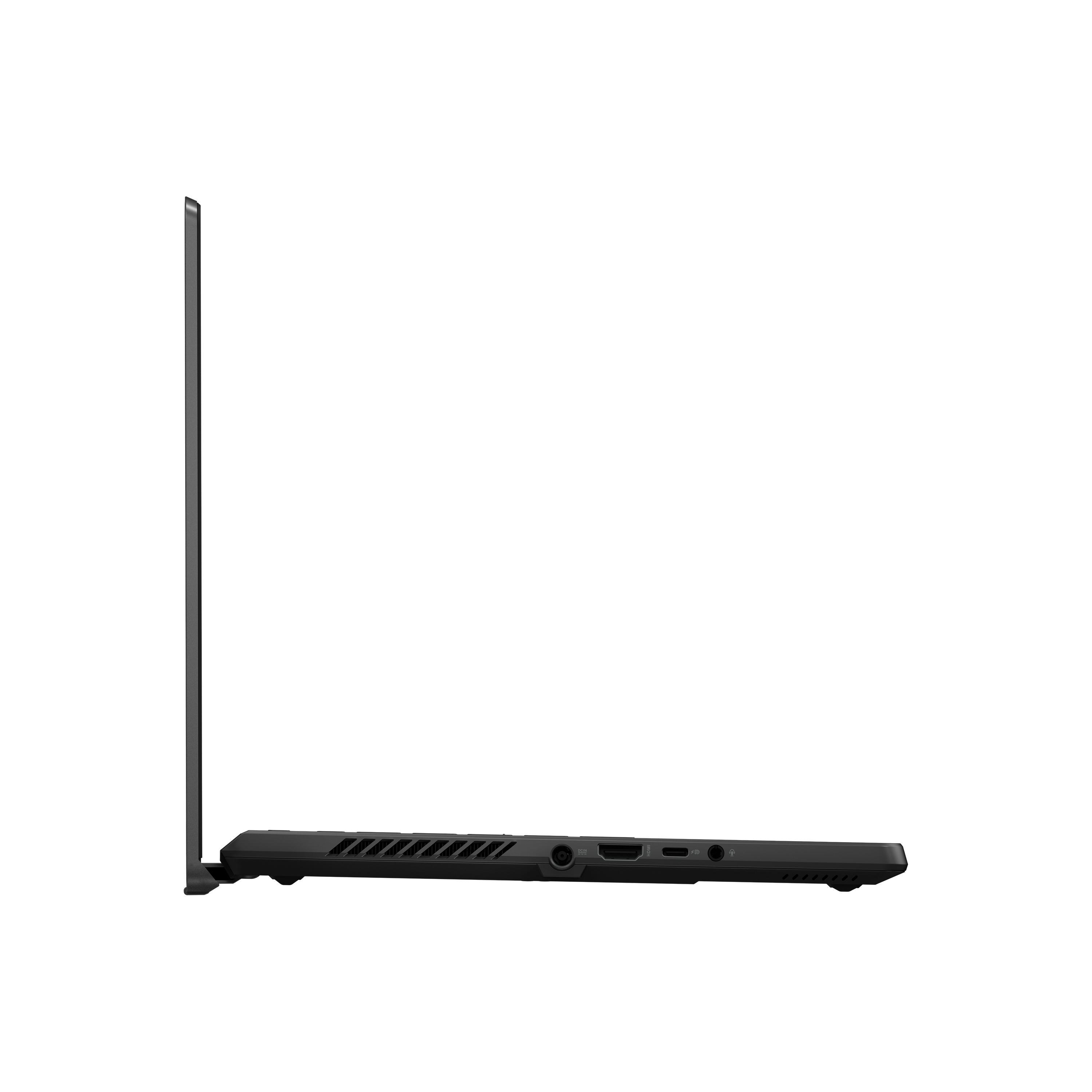 Seitenansicht eines schwarzen Laptops. Dünnes Profil vor weißem Hintergrund.
