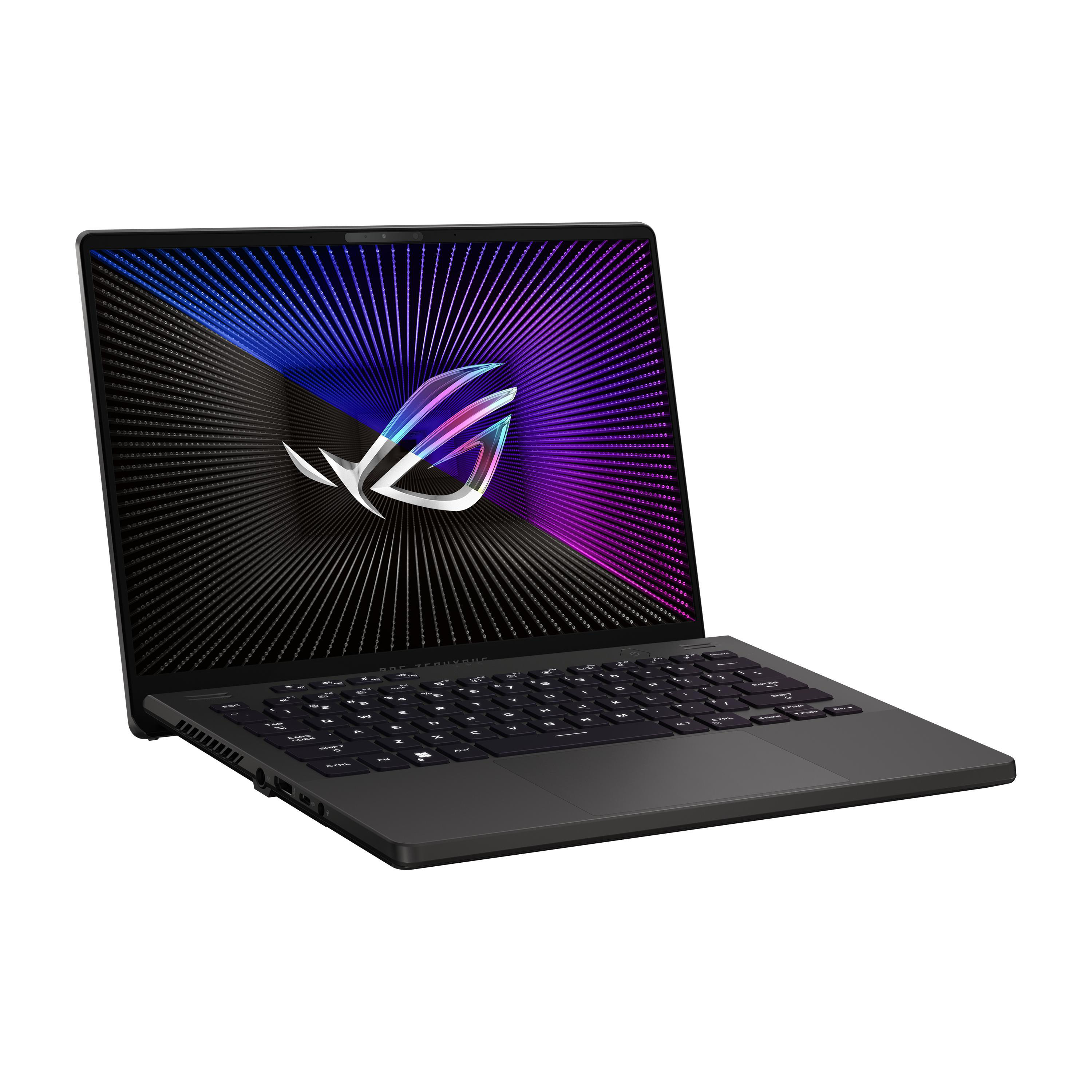Schwarzer Laptop, geöffnet, mit buntem Bildschirm, leuchtendem Logo und Tastatur.