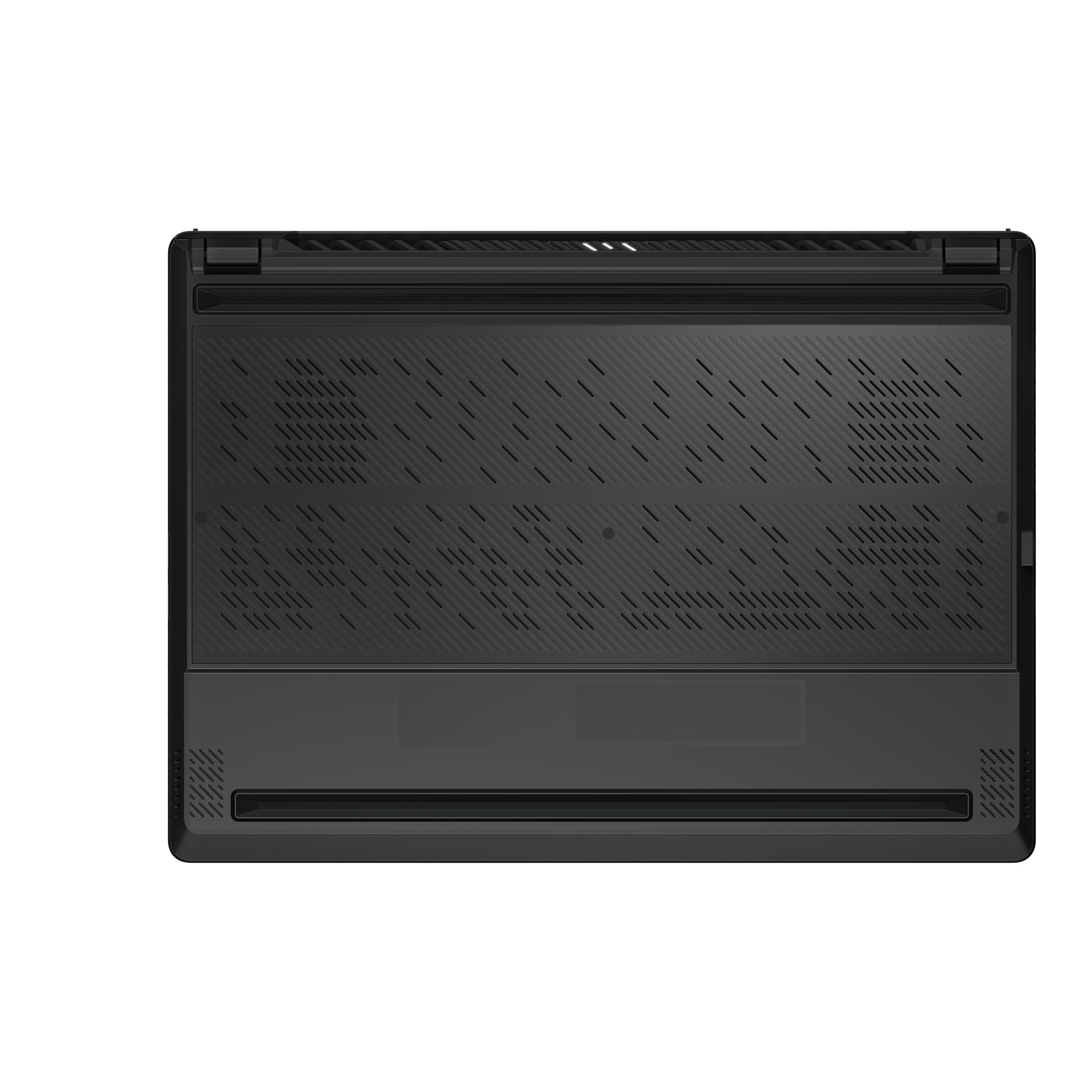 Unteransicht eines schwarzen Laptops. Es hat Lüftungsschlitze und ein großes rechteckiges Feld. Schwarze Farbe, weißer Hintergrund.