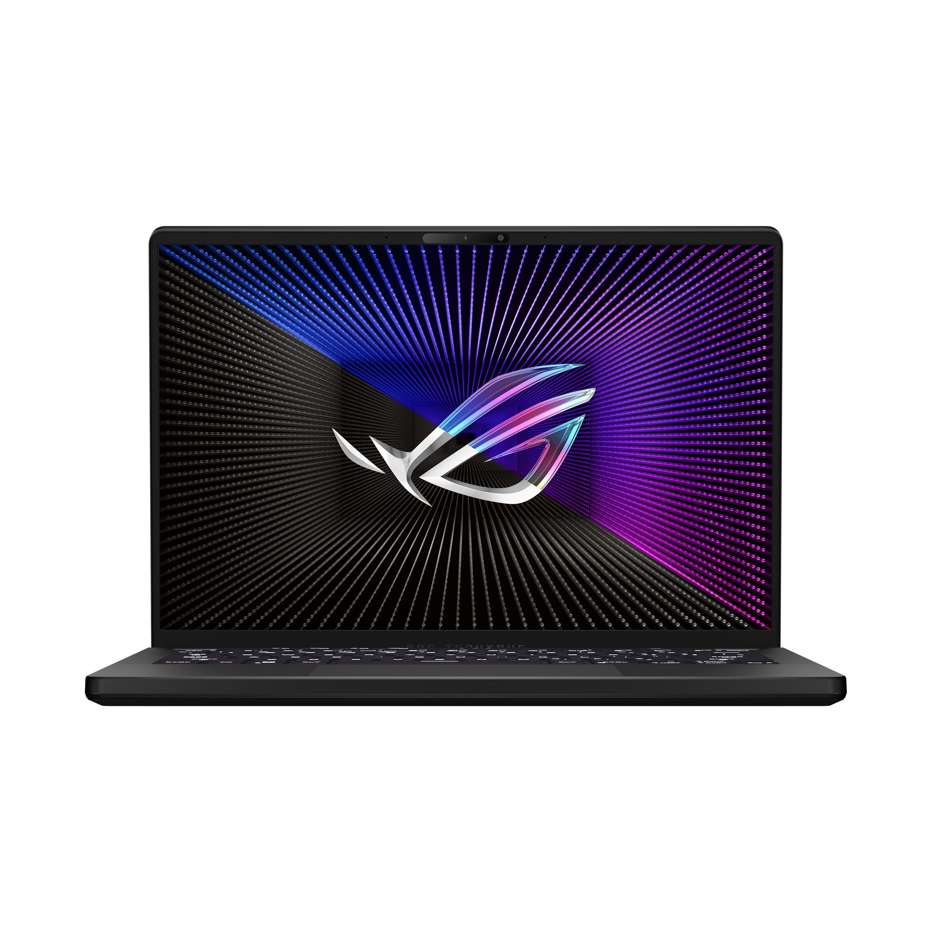 Schwarzer Laptop mit Bildschirm mit bunten Linien. Das Markenlogo ist in der Mitte.