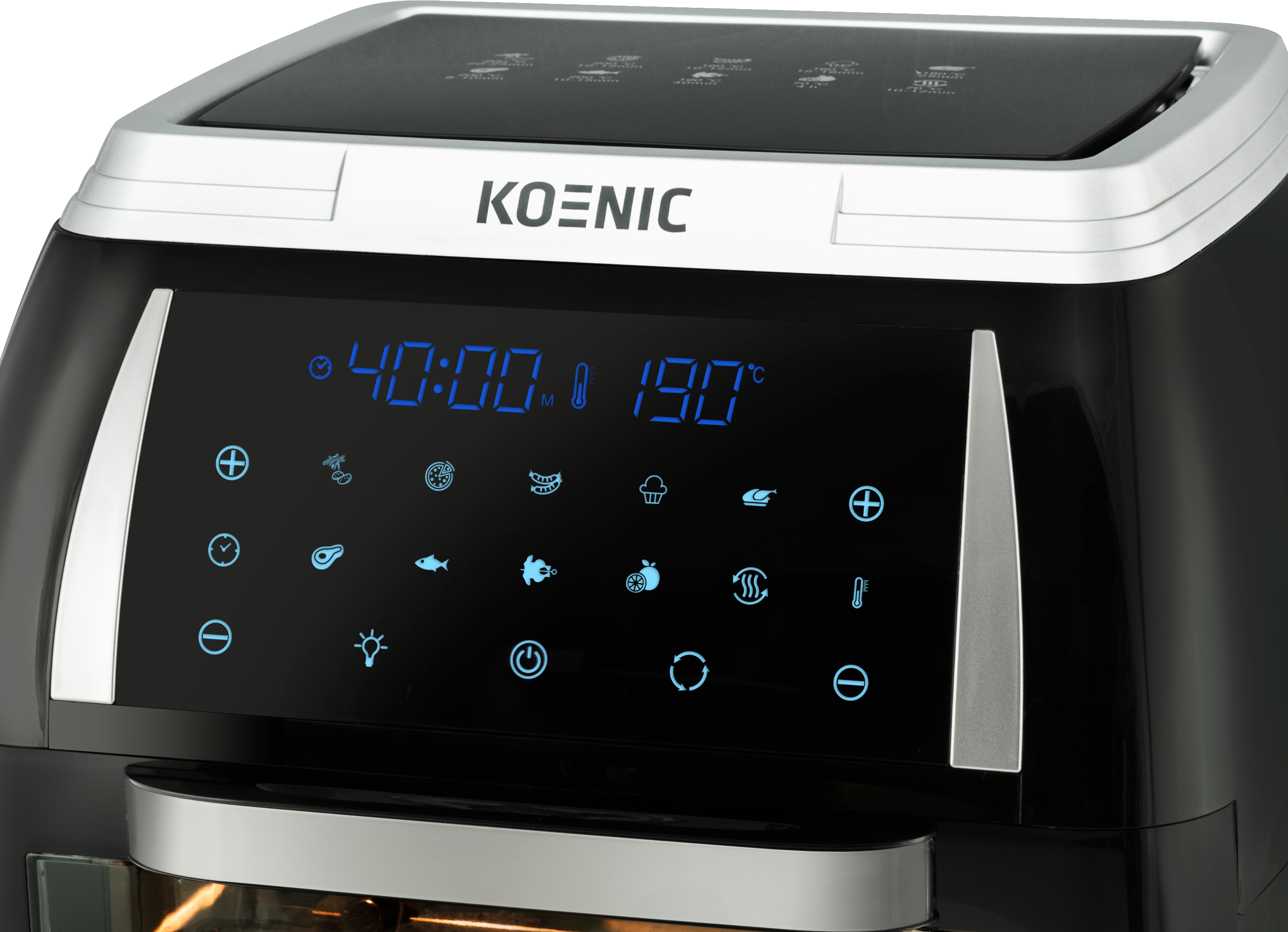 Schwarze Heißluftfritteuse, Digitalanzeige mit Zeit und Temperatur, Knöpfe.