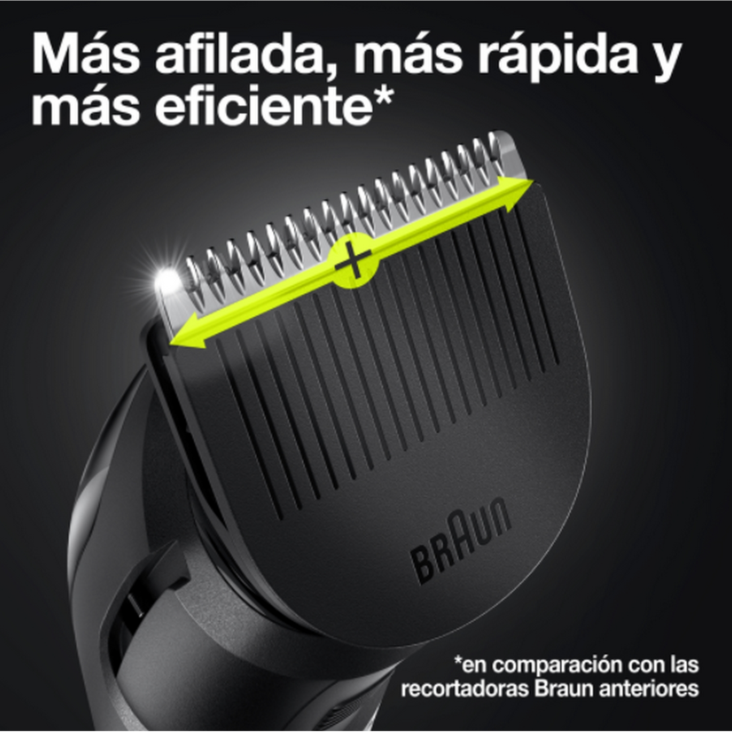 Primer plano de una afeitadora eléctrica negra. La cuchilla de la afeitadora es visible, con flecha amarilla y el logo Braun. Texto arriba.