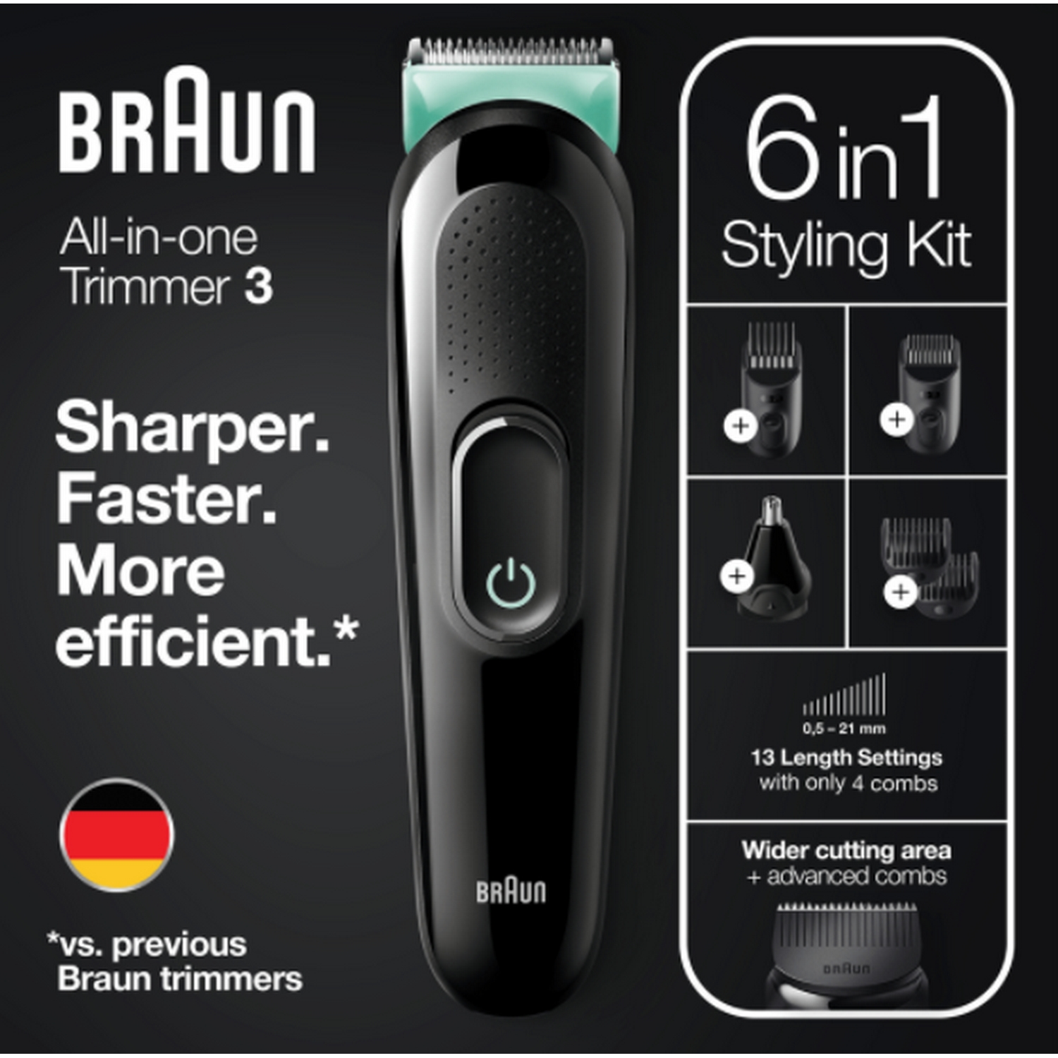 Recortadora Braun negra con kit de peinado, detalles del producto e icono de la bandera alemana.